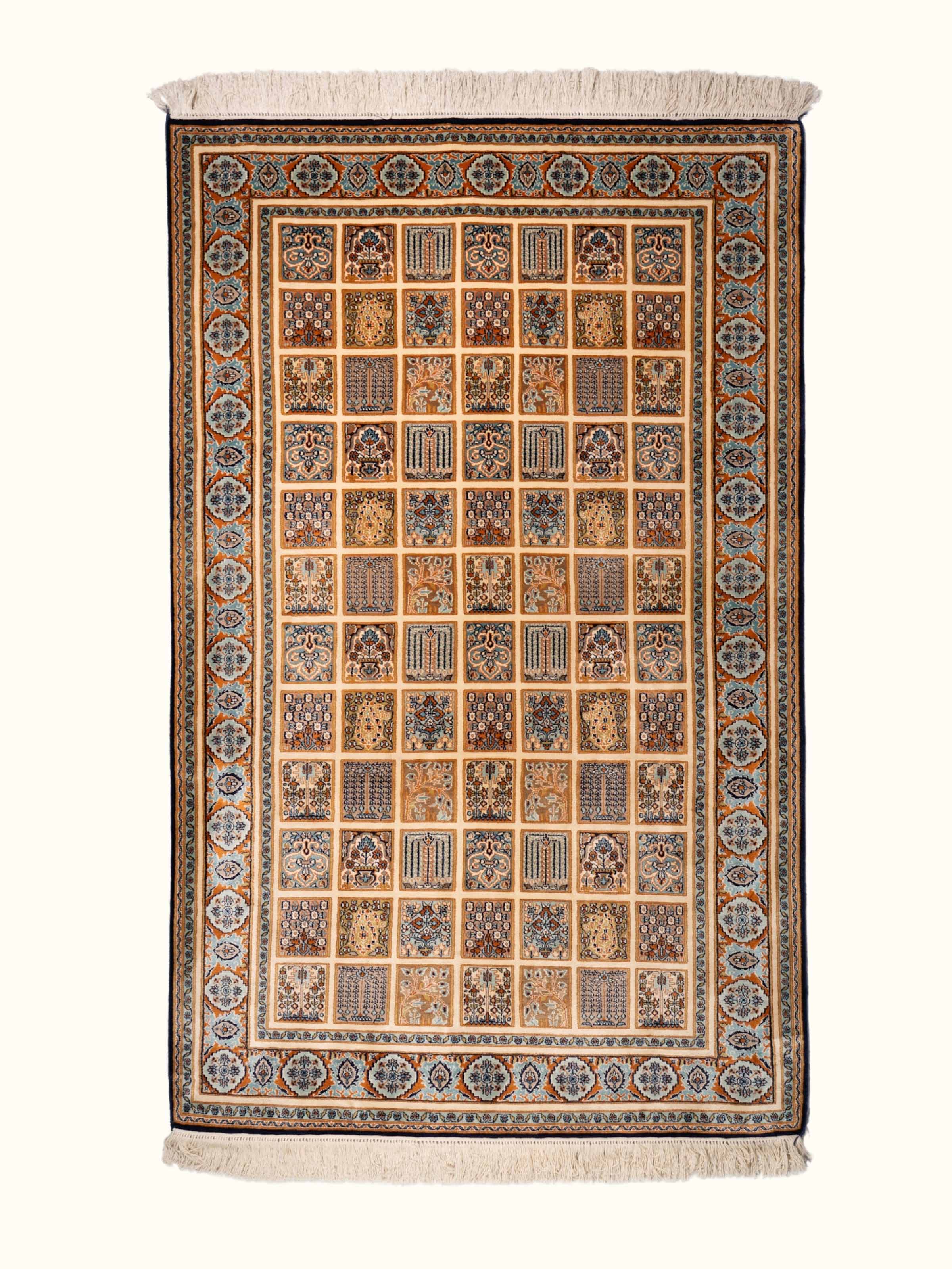 Traditional Persian Beige Dabdar Kashmir Silk Hand-Knotted Carpet