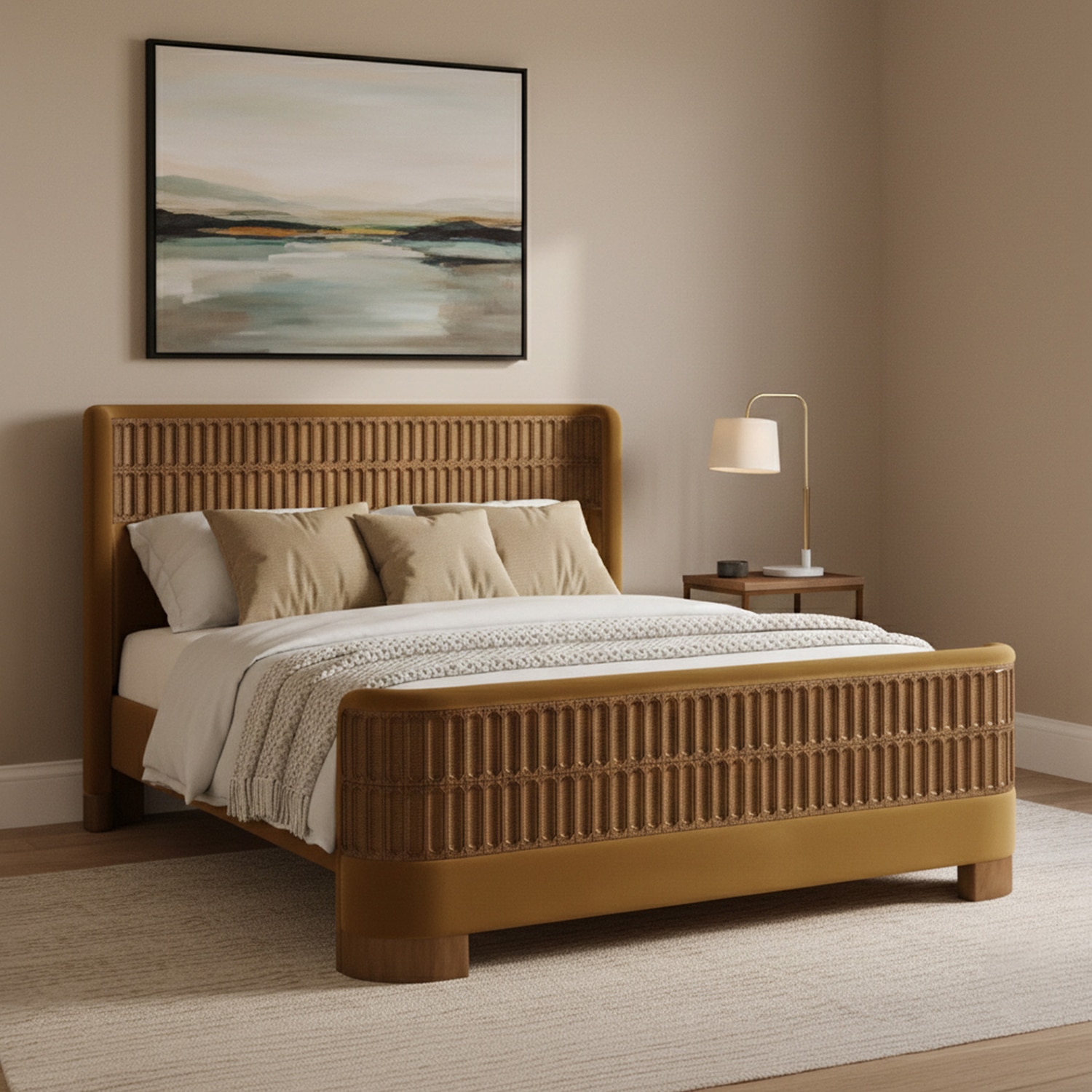 Heritage Cane Upholstered Queen Size Bed in Linen With Oak wood Frame - Nestroots