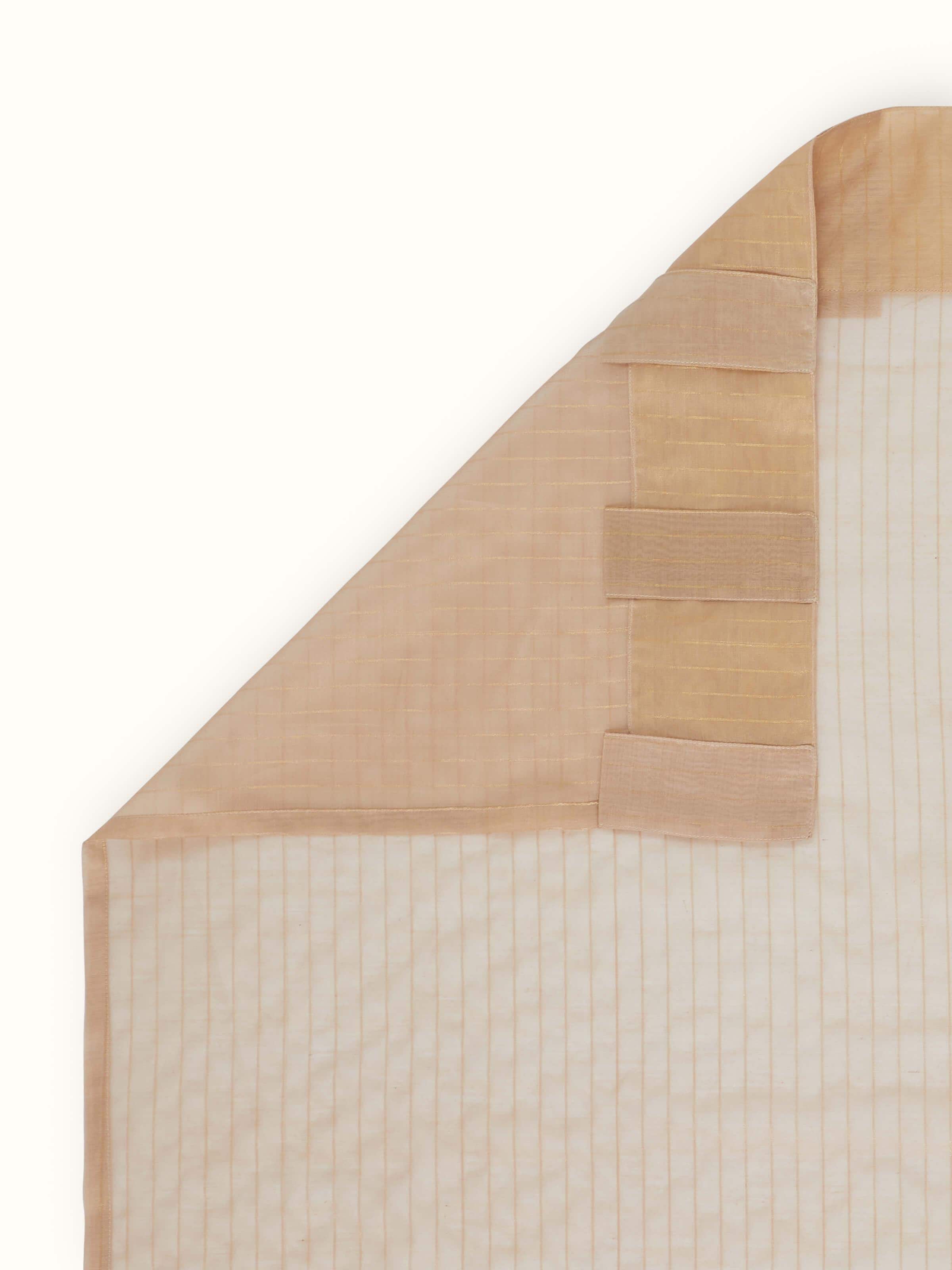 Back view of beige Maheshwari sheer curtain with delicate handloom weave and metallic details.