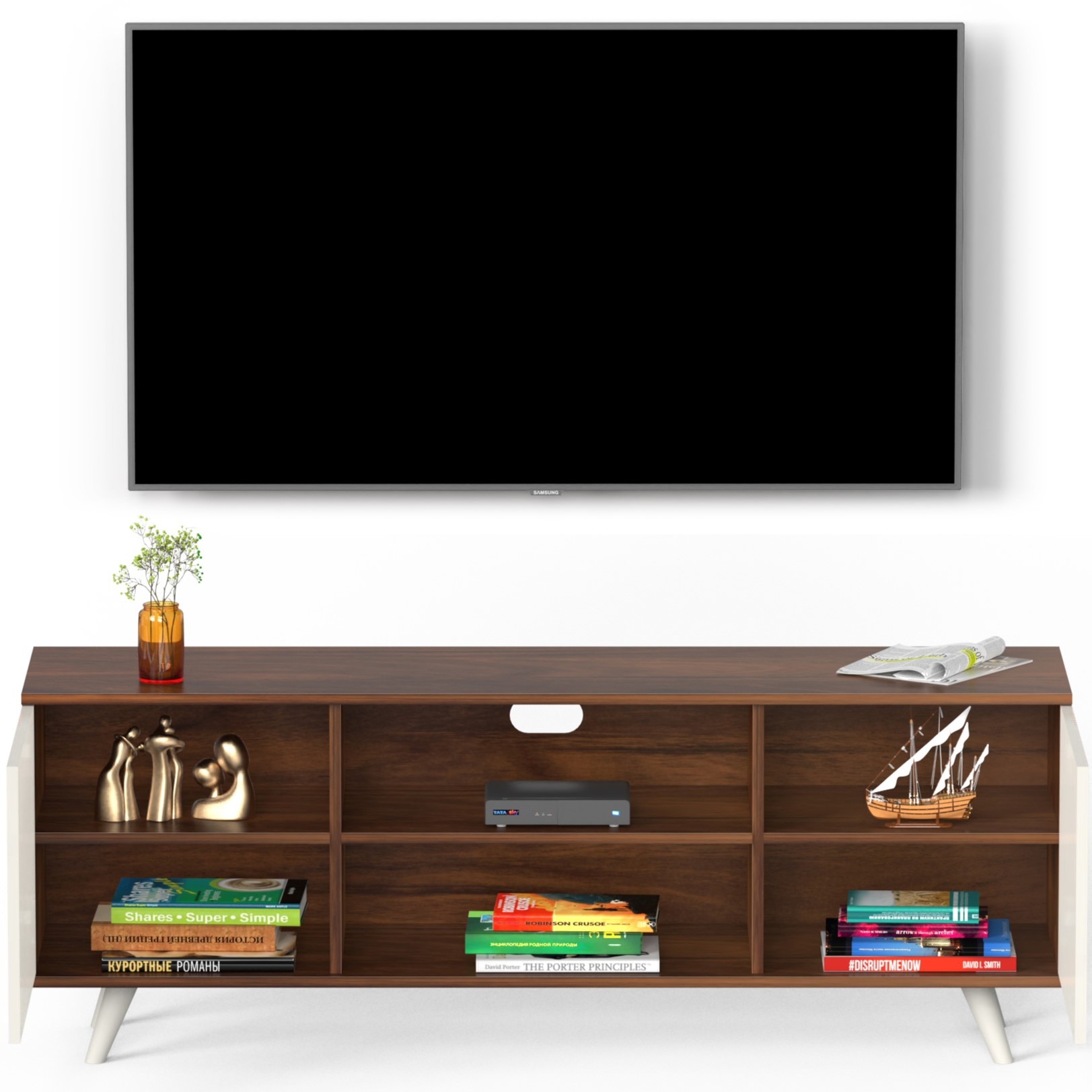 BLUEWUD Harmond Engineering Wood Floor Standing TV Entertainment Unit Set Top Box Stand/TV Cabinet Panel with Shelves for Books & D�cor Display Unit Bed Living Room Upto 55" (Brown Maple & White)