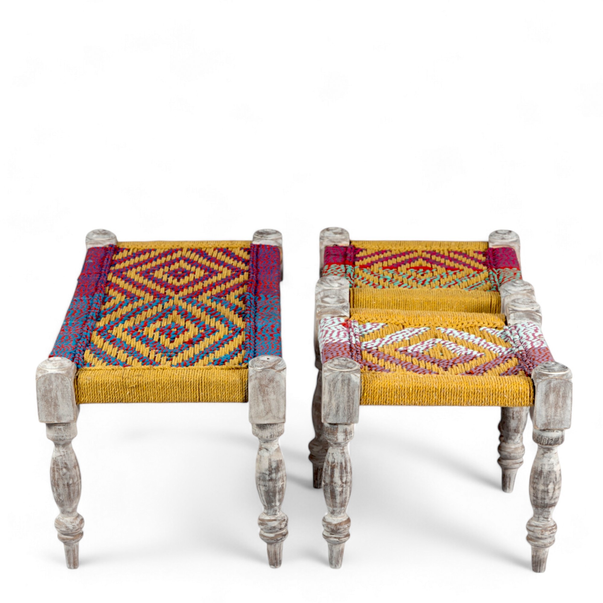 Oakville Sheesham Wood Vintage Seater Maachi Bench Set  2 Stools In Multi Colour Chindi  Yellow Rope