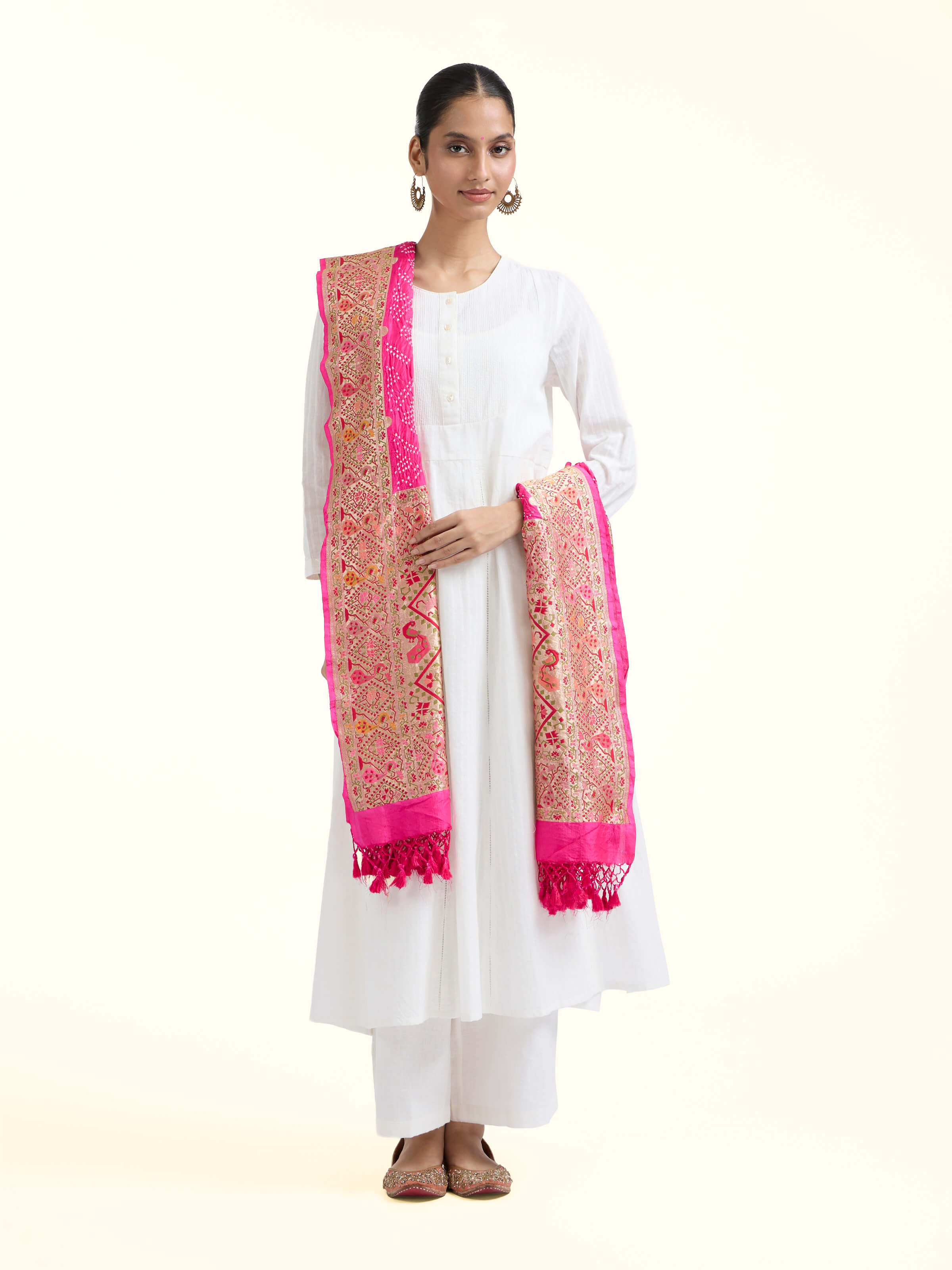 Front view of Dark Pink Bandhani Tie & Dye Silk Dupatta showcasing its traditional craftsmanship and design