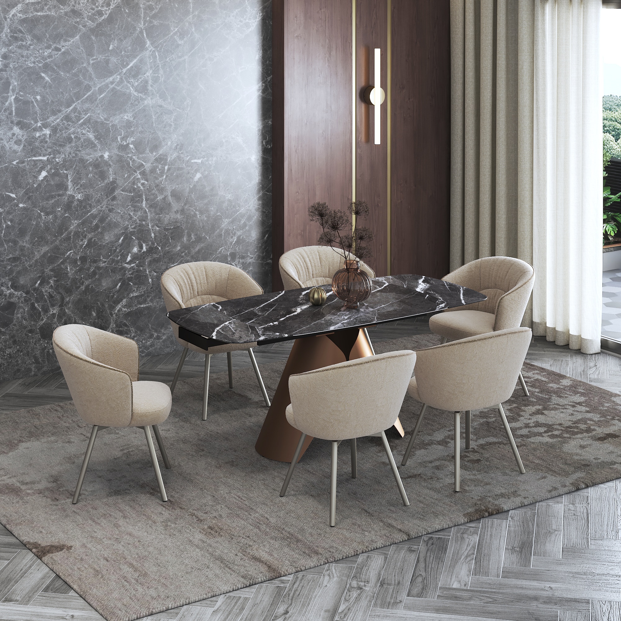 Aeris Ceramic 4 To 6 Seater Extendable Dining Table With Set of 2 Calix Dining Chair