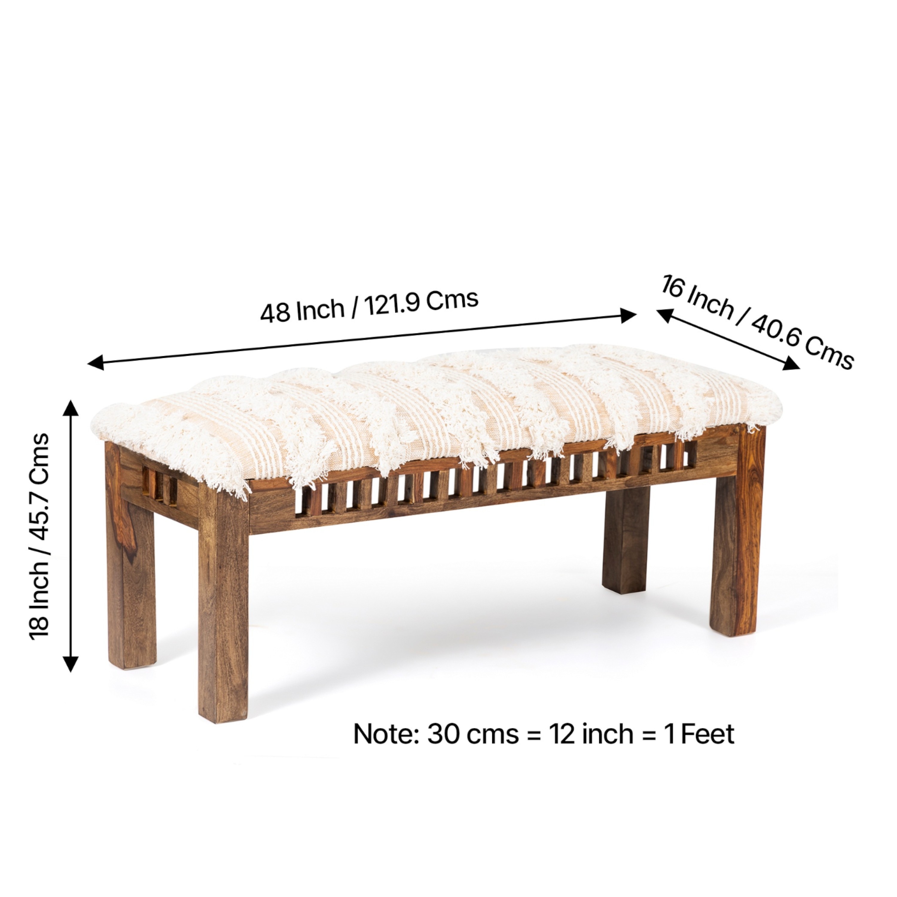 Milford Sheesham Wood Mid Century 3 Seater Bench In Beige Fabric