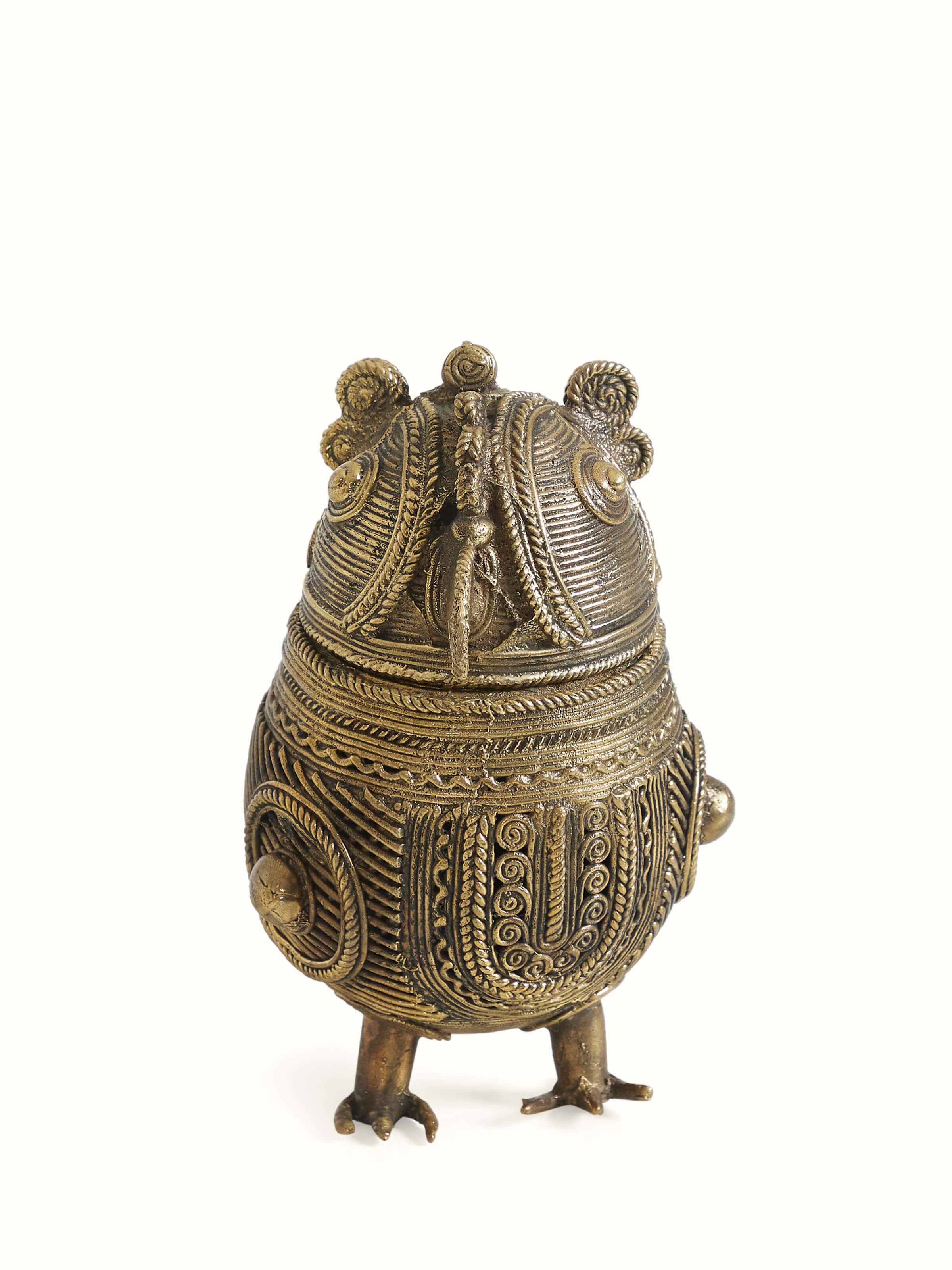 Handcrafted Dhokra brass owl-shaped decorative box with tribal detailing – front view