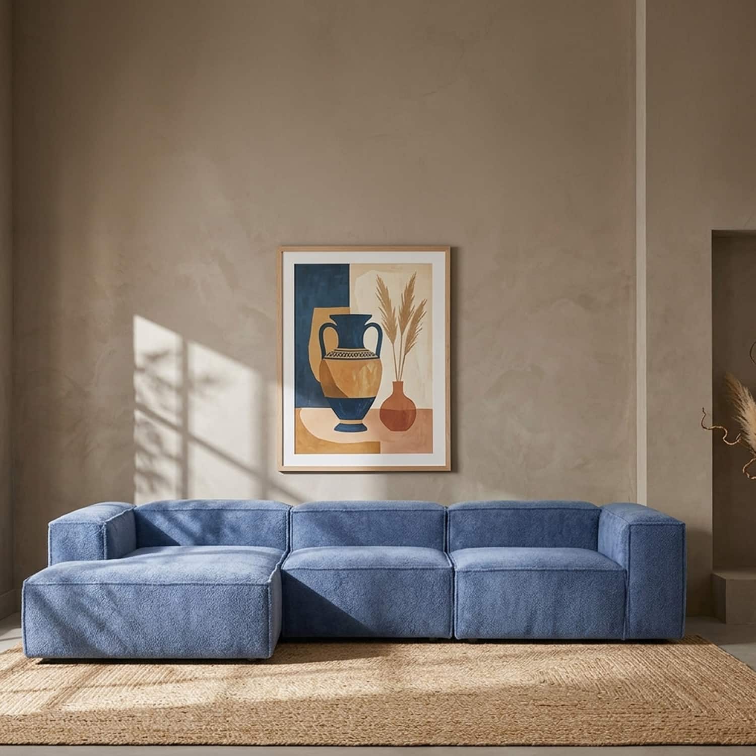 Elegantedge Wood Right Aligned 3-Seater With Upholstery Non Storage Sofa In Blue Colour