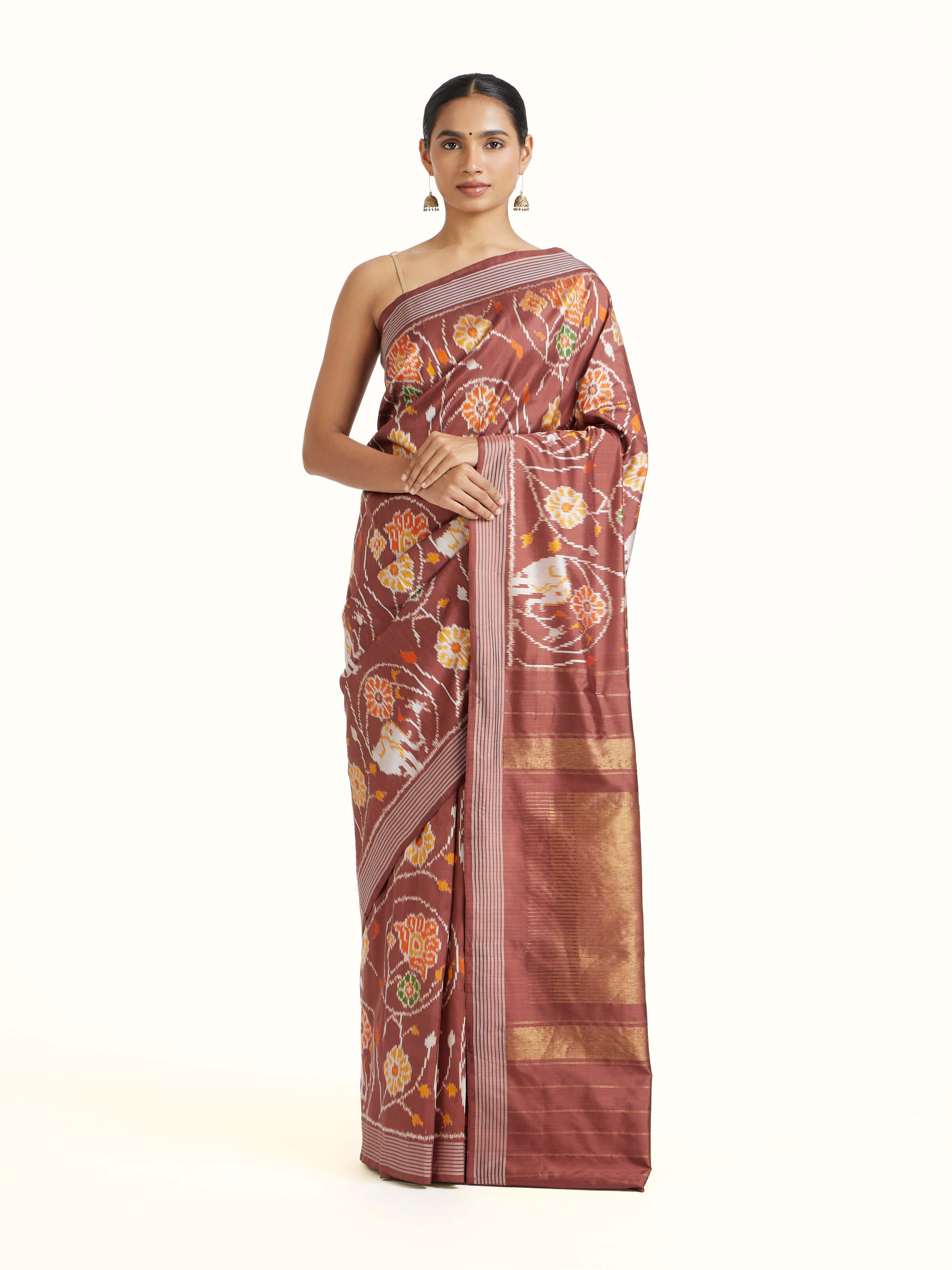 Brown Weft Ikat Silk Saree