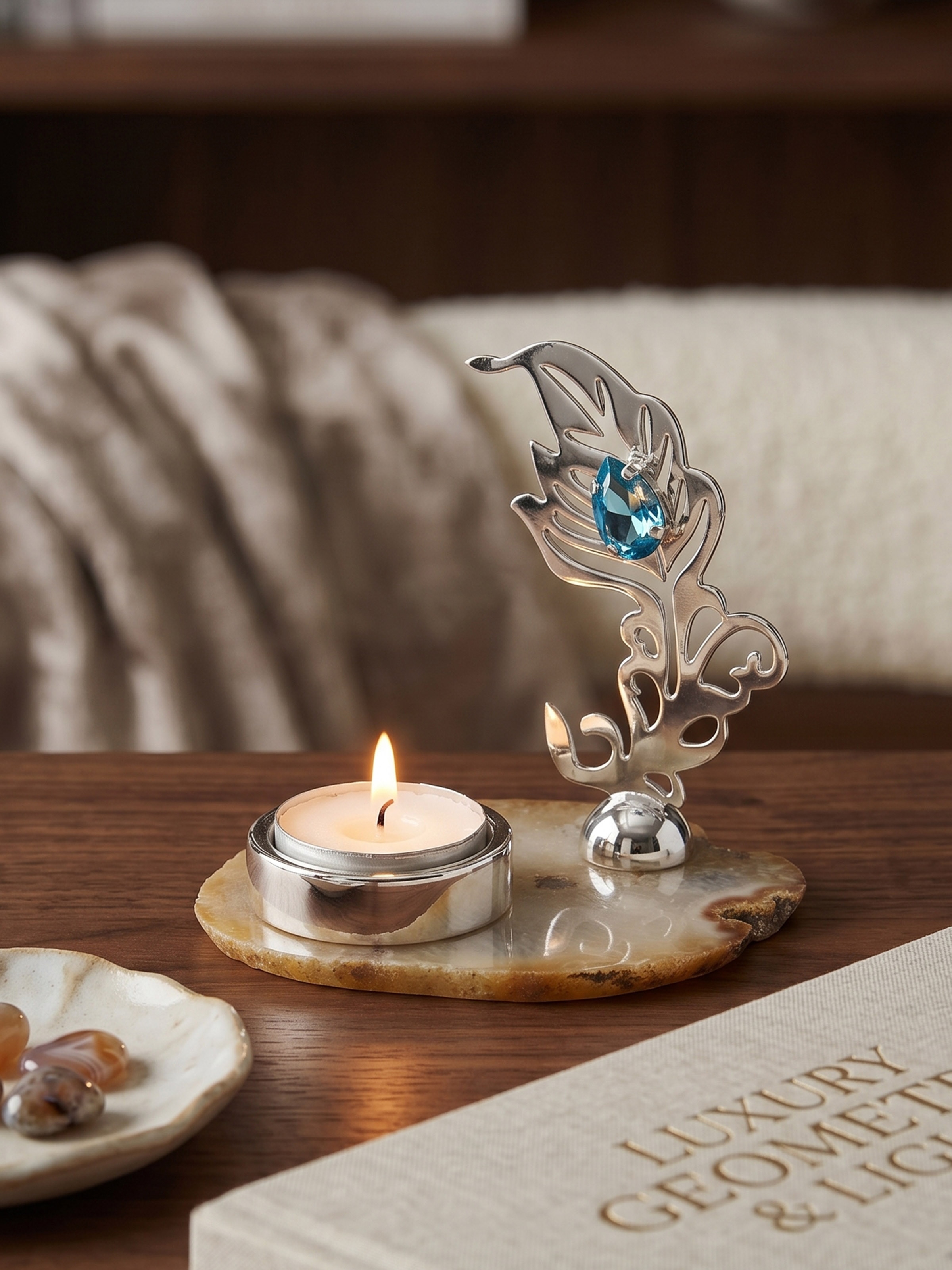 Left-side view of the Silver-plated Feather T-light Holder