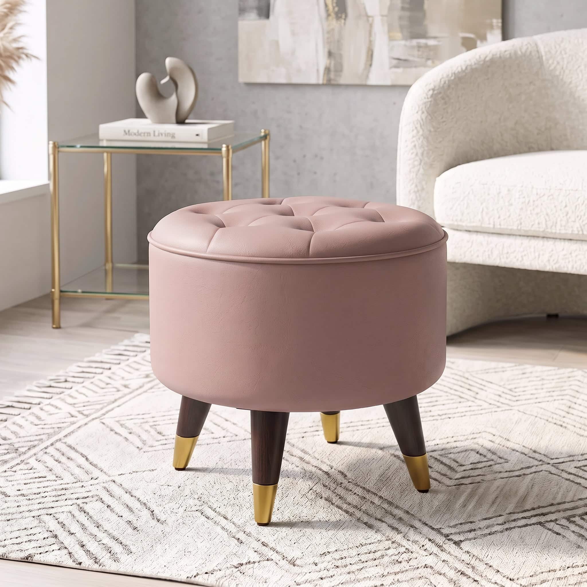 Rene Tuffed Pouffee In Mango Walnut Finish with Spanish Rose Leatherette Colour