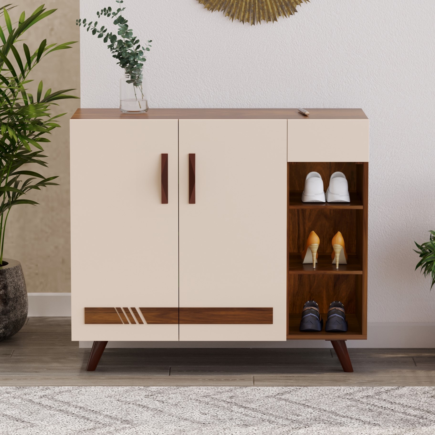 Oleye Engineered Wood Dual Tone 3 Doors Shoe Rack Cabinet Slipper Footwear Stand Organizer with Drawer can Store Up to 16 Pairs for Home (Brown Maple & Beige)