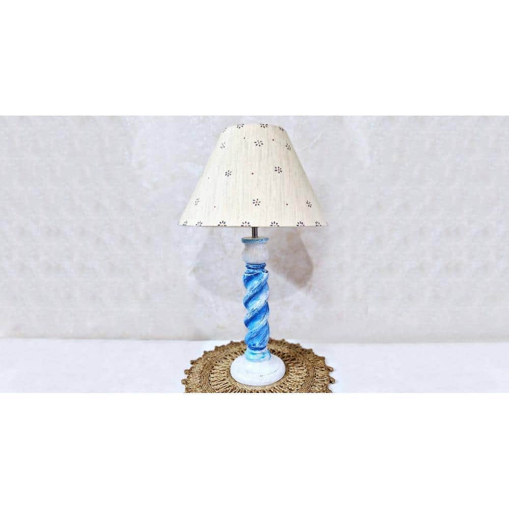 Asaga Handmade & Handpainted Blue& white Rope shape Wooden Table lamp with Hanpainted Floral design on Cotton Beige shade