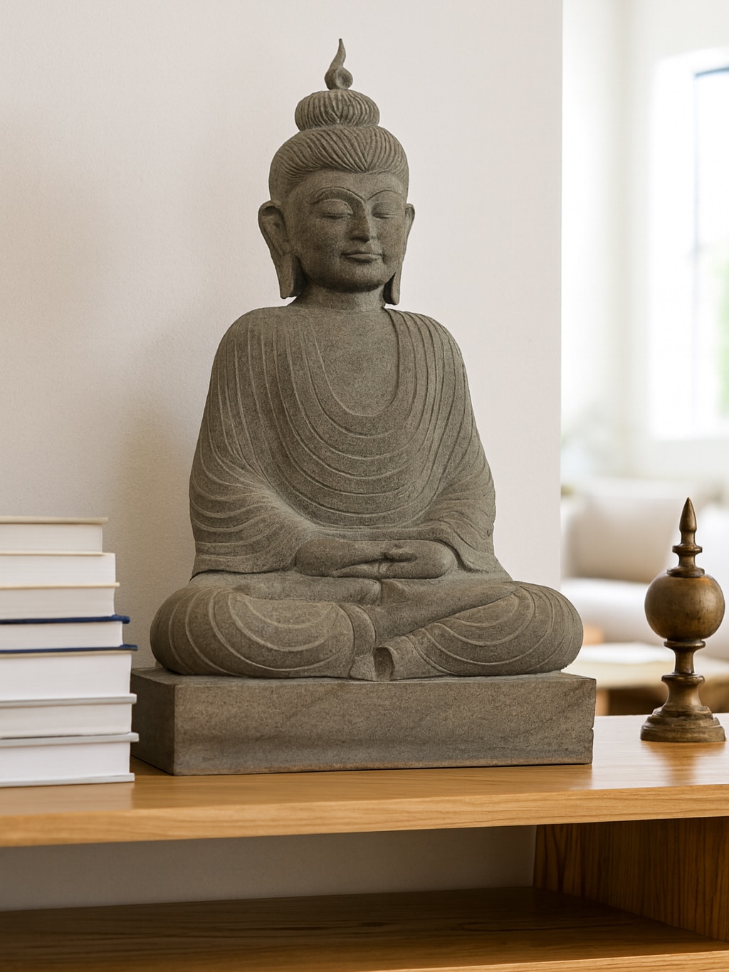 Lifestyle view of Serene Carved Stone Buddha Idol