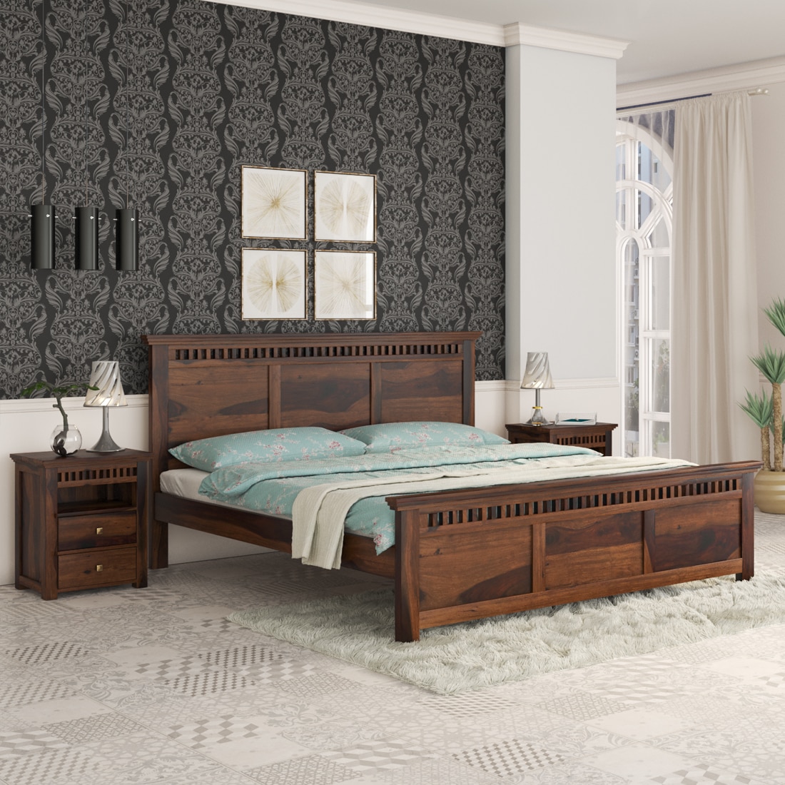 Madhvi Solid Wood Queen Size Bed Without Storage Bed In Provincial Teak  Finish