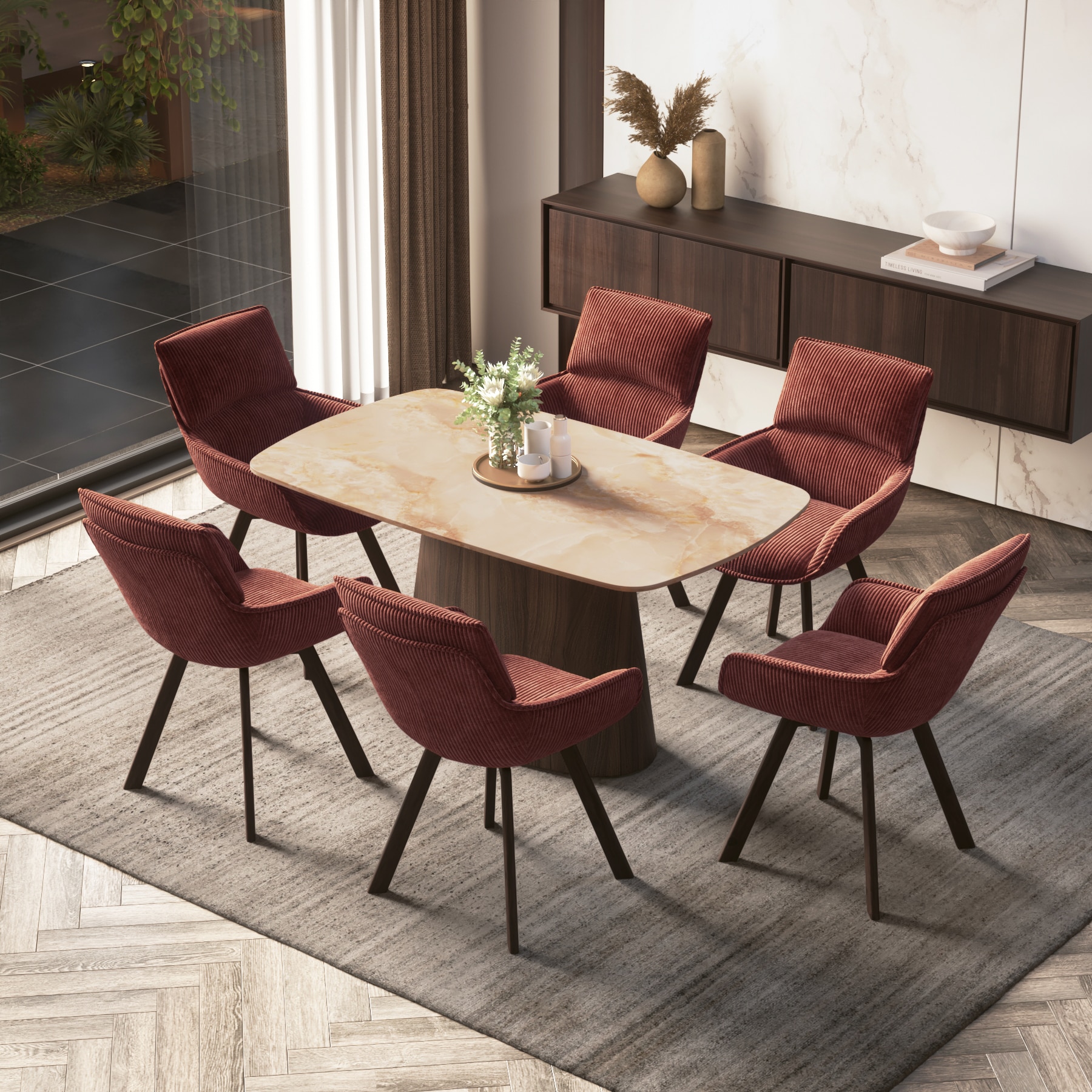 Nola Compact 6 Seater Dining Table With Set of 3  Bren Dining Chair