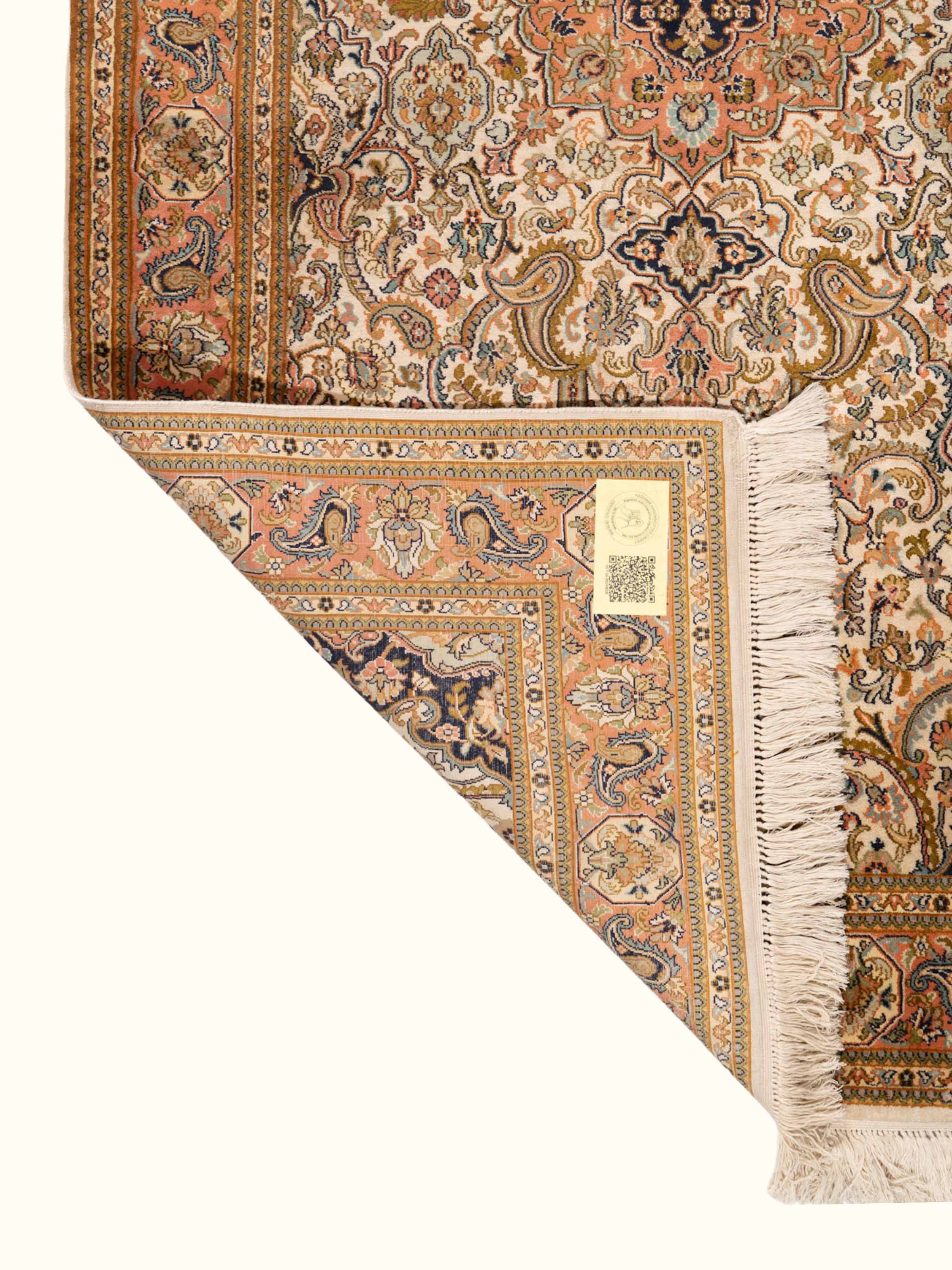 Traditional Persian Ivory Tabriz Kashmir Silk Hand-Knotted Carpet