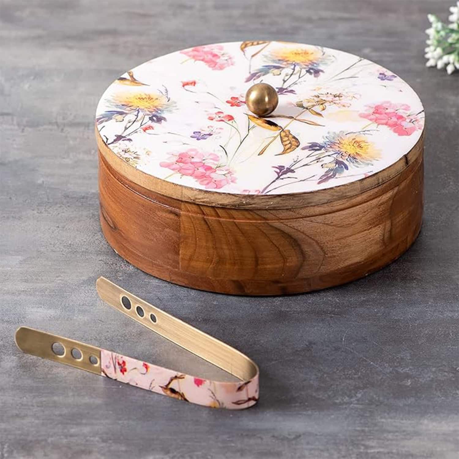 Allure Mango Wood Roti Box With Tong Pink