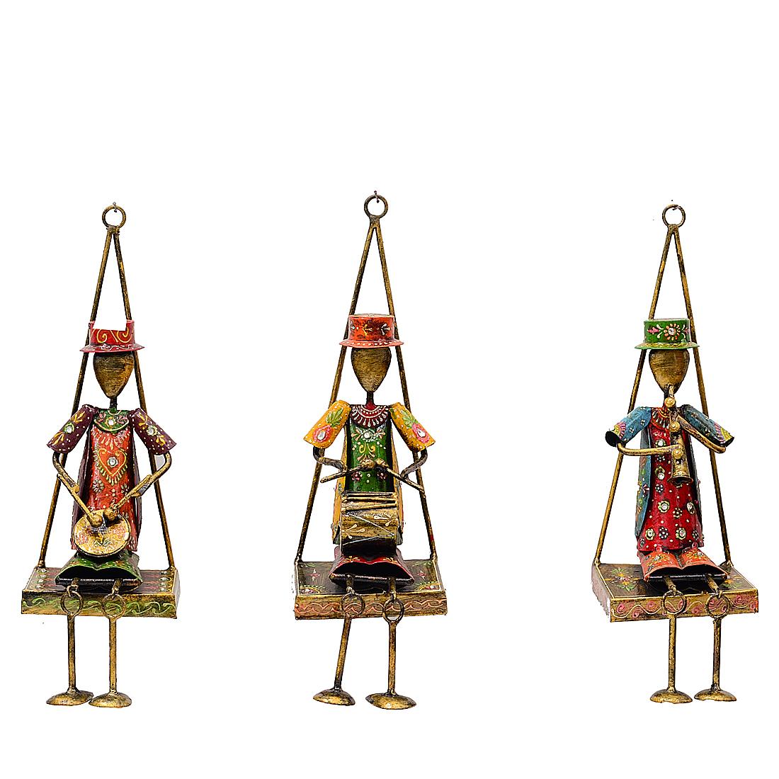 Desert Art Metal Handpainted Cap Jhula Musician Wall Hanging Set of 3-image-11