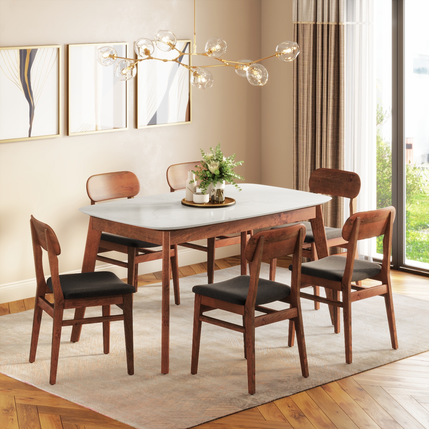 Lunar Solid Wood and Carrara White 6 Seater with 6 Lunar Dining Chair (Finish: Honey, Colour: Urban Grey Premium Chenille) - Urban Ladder