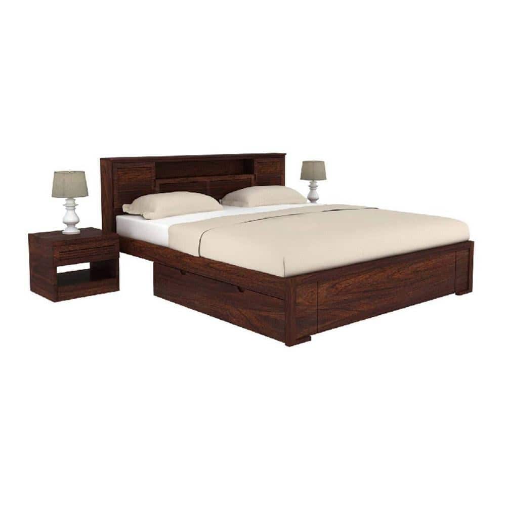 Samana Solid Wood King Storage Bed In Walnut Matte Finish