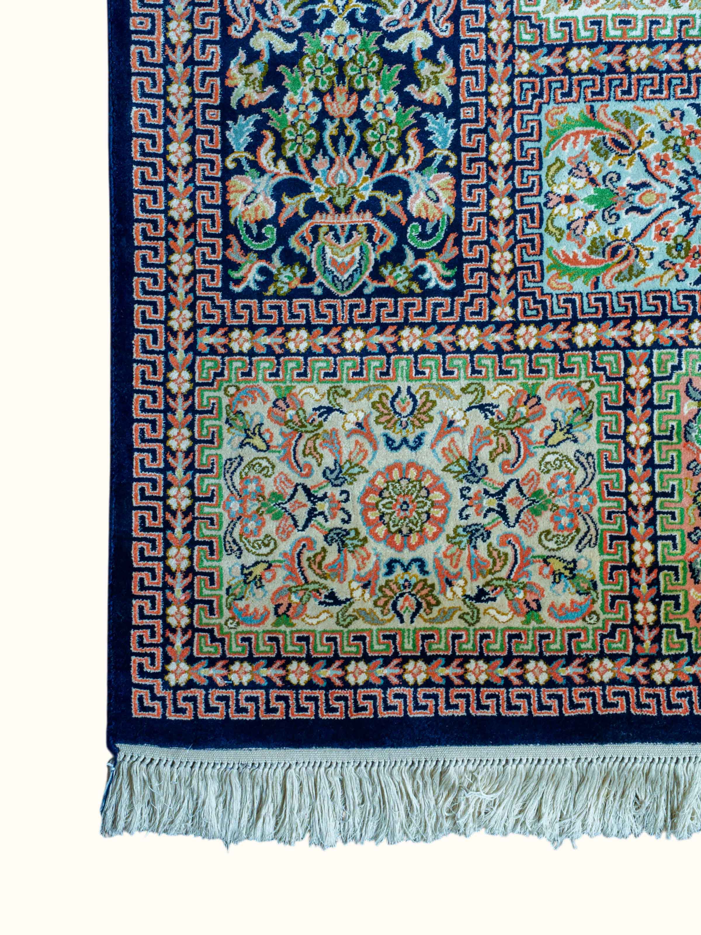Traditional Persian Blue Green Dabdar Kashmir Silk Hand-Knotted Carpet