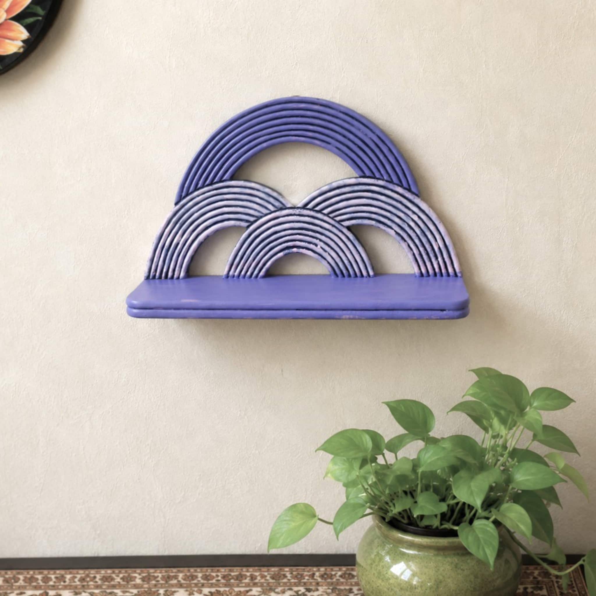 Multishade Colour Solid Wood Handcarved Neel Indradhanush Floating Wall Shelf with distres finish by DisooFashions - Disoo Fashions