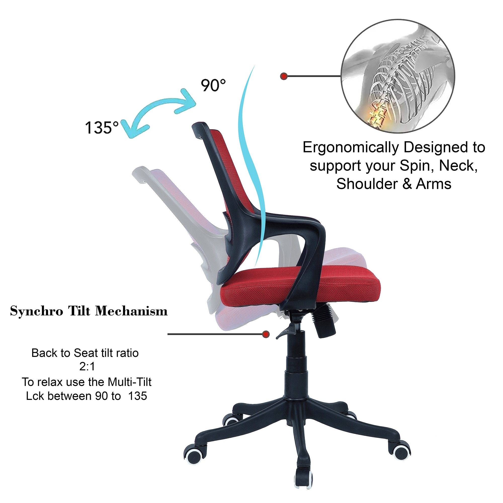 Ddeasirea Mid Back Ergonomic Chair in Red Colour