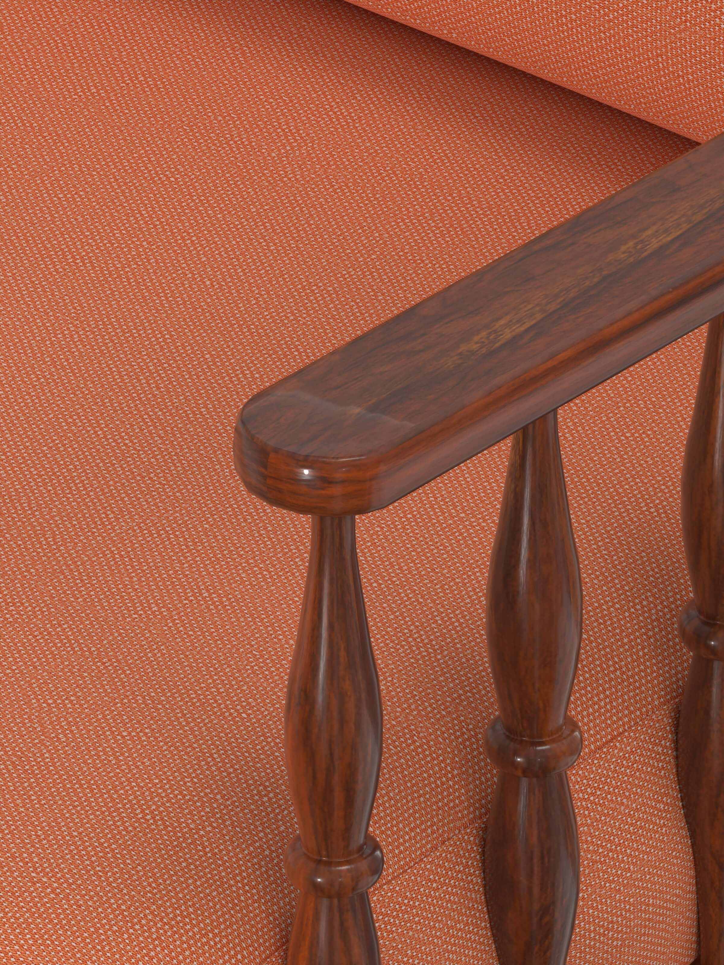 Angle view of the Sheesham wood 2-seater sofa with rust dobby fabric, showing the overall design and craftsmanship.