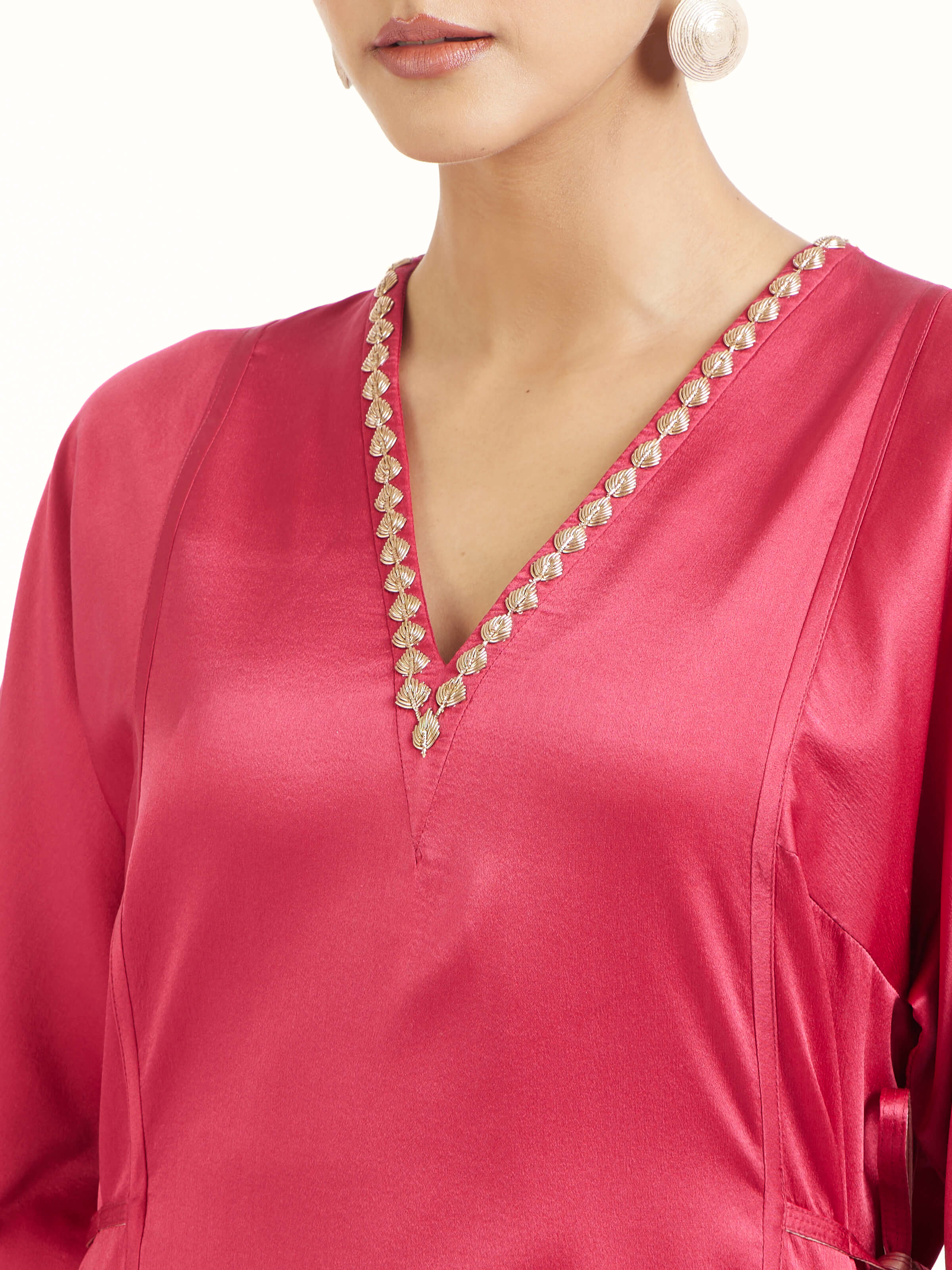 Detail view of berry silk Banarasi co-ord set showcasing craftsmanship