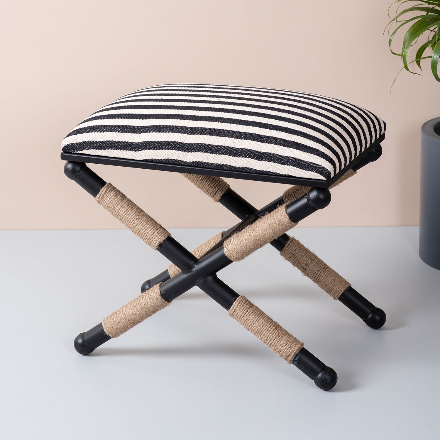 Zebra Fabric Jute Metallic Stool in Black & White Color - Nestroots