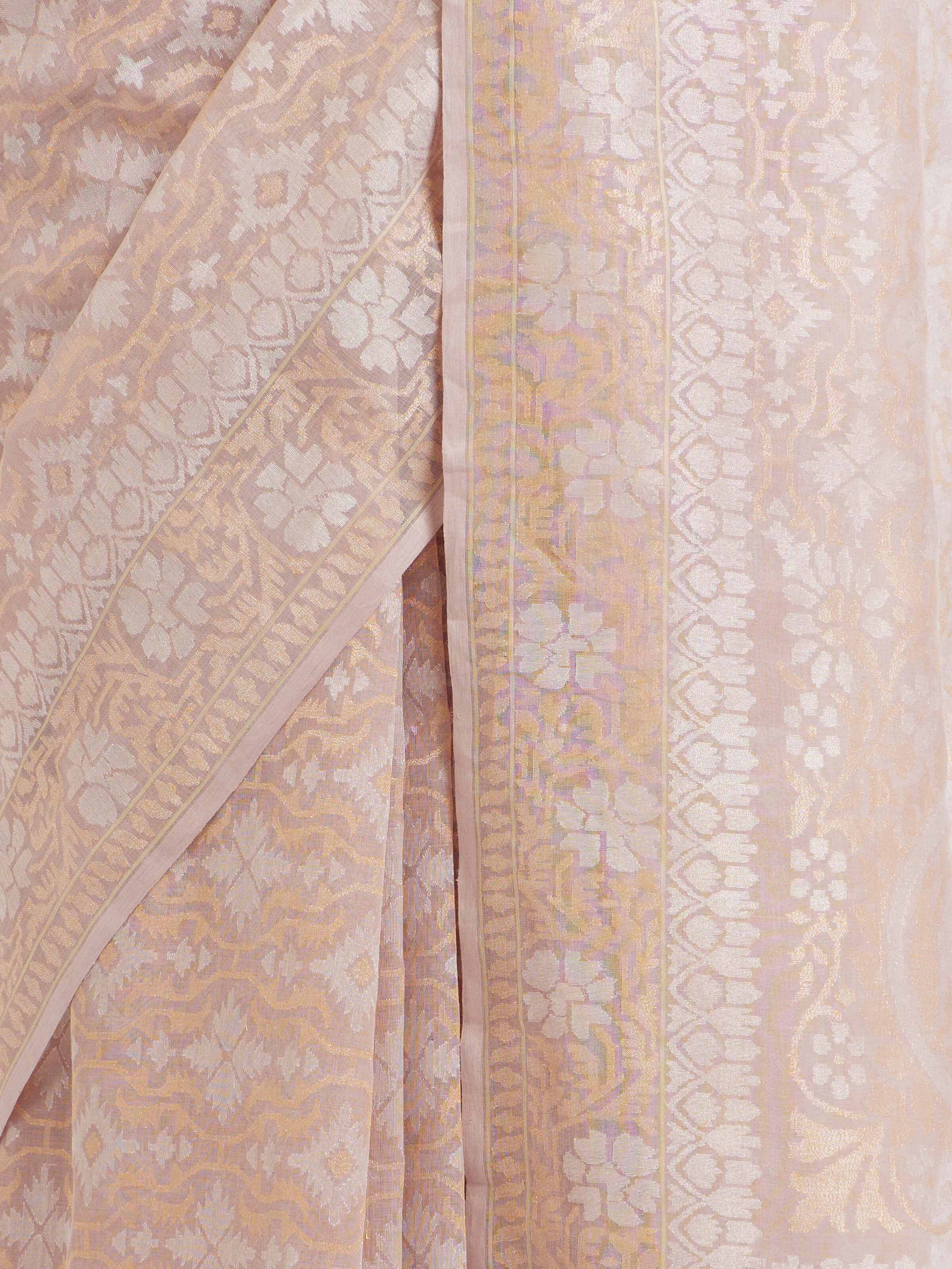 Draped detail view of the Peach Cotton Awadh Jamdani Banarasi Saree