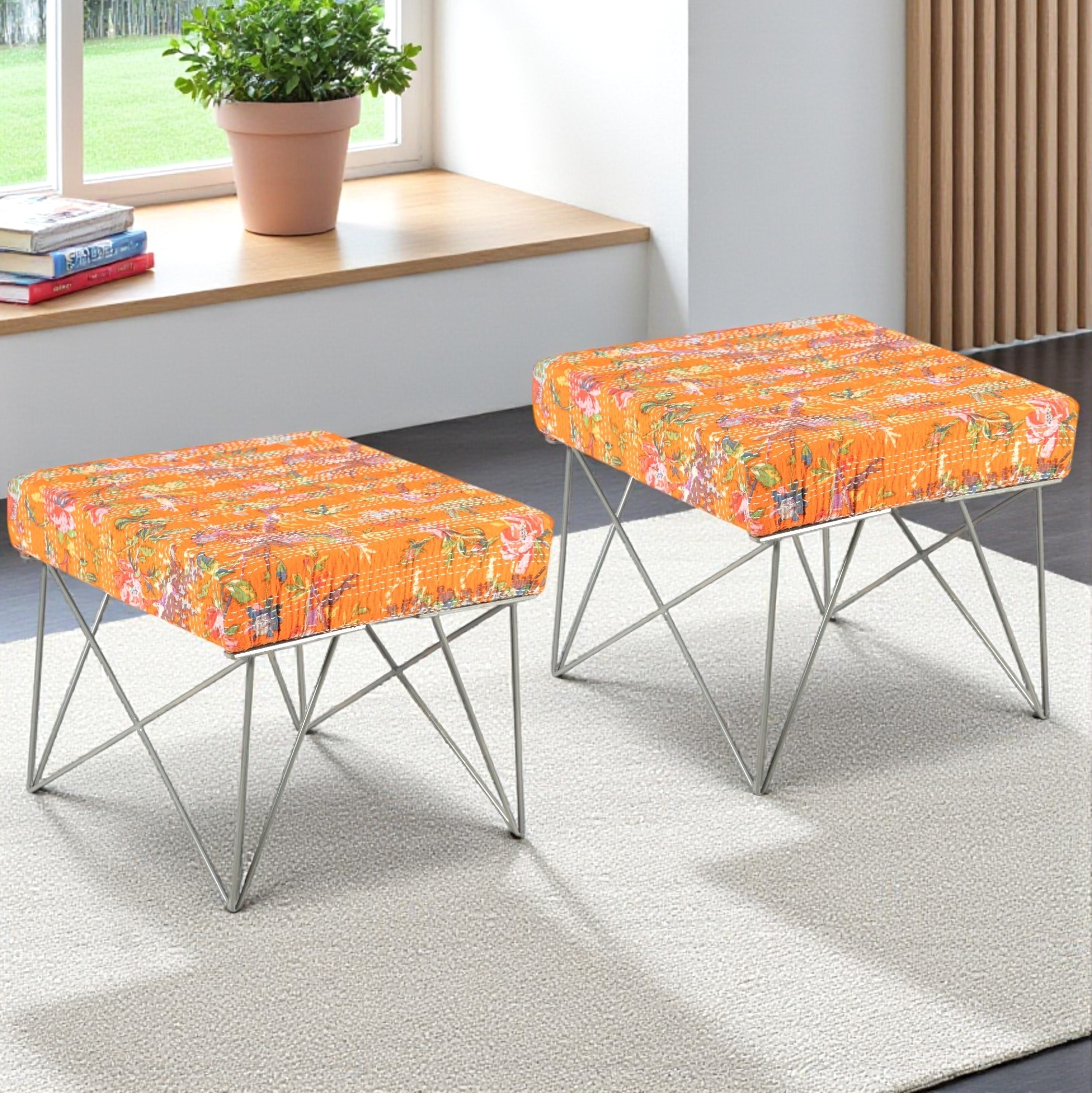 Asansol Sheesham Wood Mid Century Square Set of 2 Stools in Bird Print Orange Kantha Upholstery