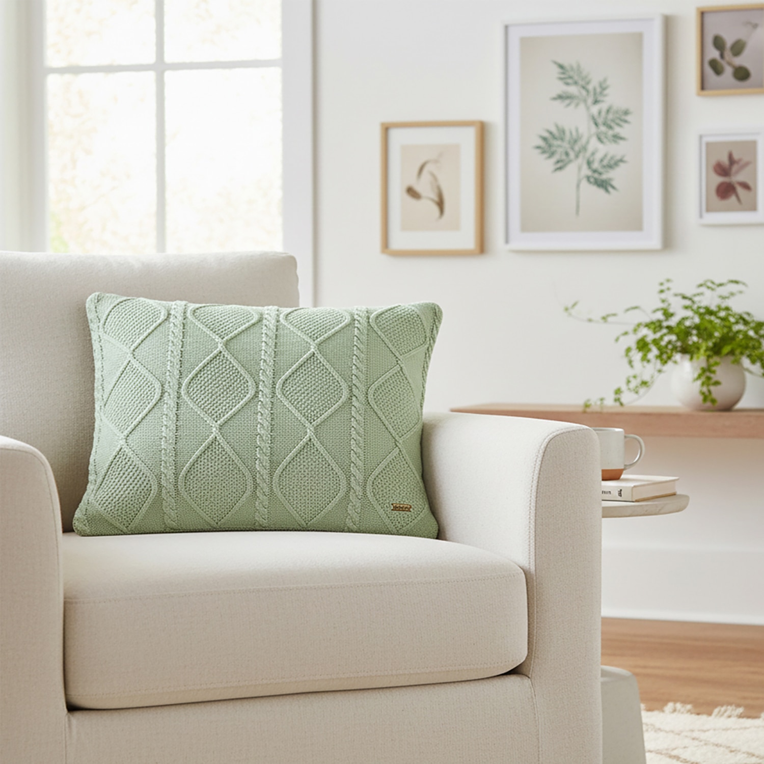 Cable Moss Desert Sage Cotton Knitted Cushion Cover 16X16 Inches - Pluchi