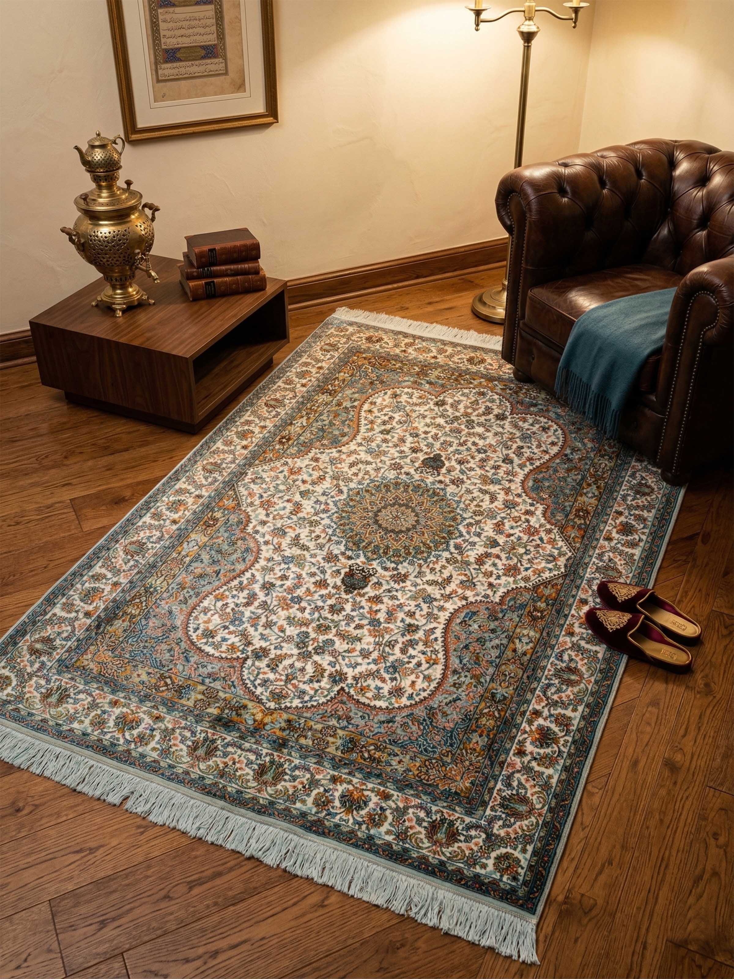 Traditional Persian Ivory Blue Kerman Kashmir Silk Hand-Knotted Carpet