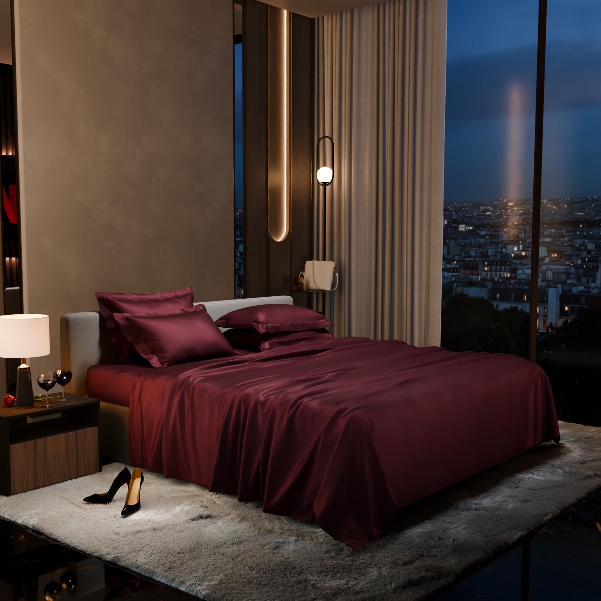 Stoa Paris Super King Size Bedsheet with 4 Pillow Covers  Size Velvet Wine
