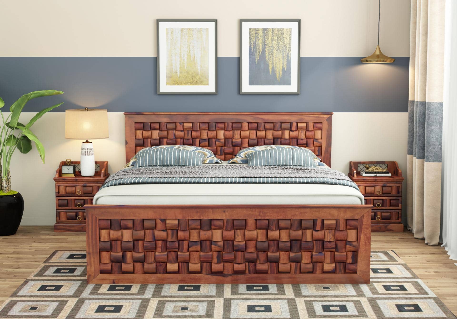 Moglis Solid Wood Queen Size Bed With Box Storage Bed Honey Oak In Finish