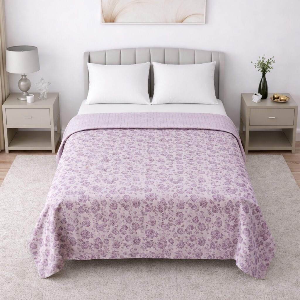 Nyla Pink Floral Cotton Dohar Double Bed Reversible 350 Tc Size 240 X 220 Cms - Threads