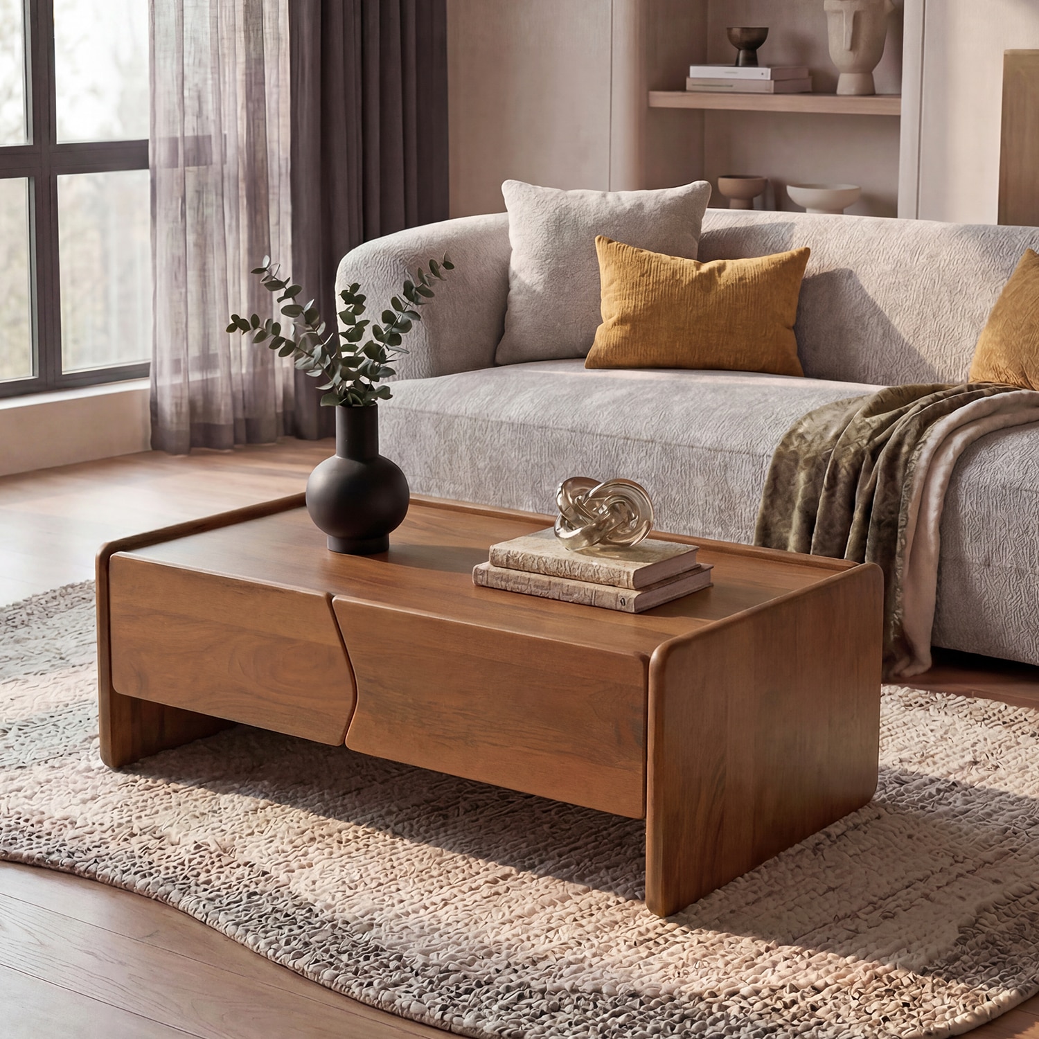 Koro Solid Wood Rectangular Storage Coffee Table In Amber Walnut Finish