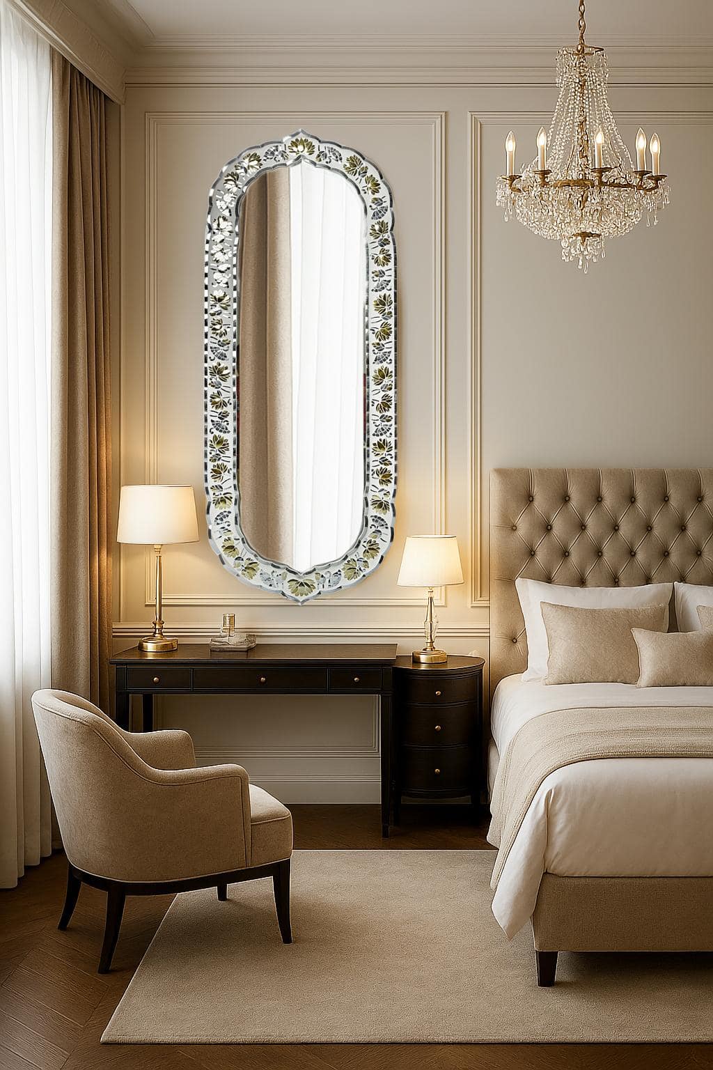 Glass Floral Inlay Arch Full-length Mirror
