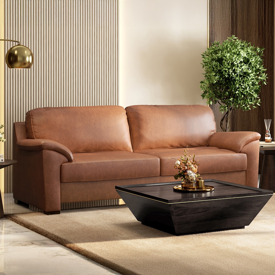 Farina 3 Seater Luxury Italian Leather Sofa In Cognac