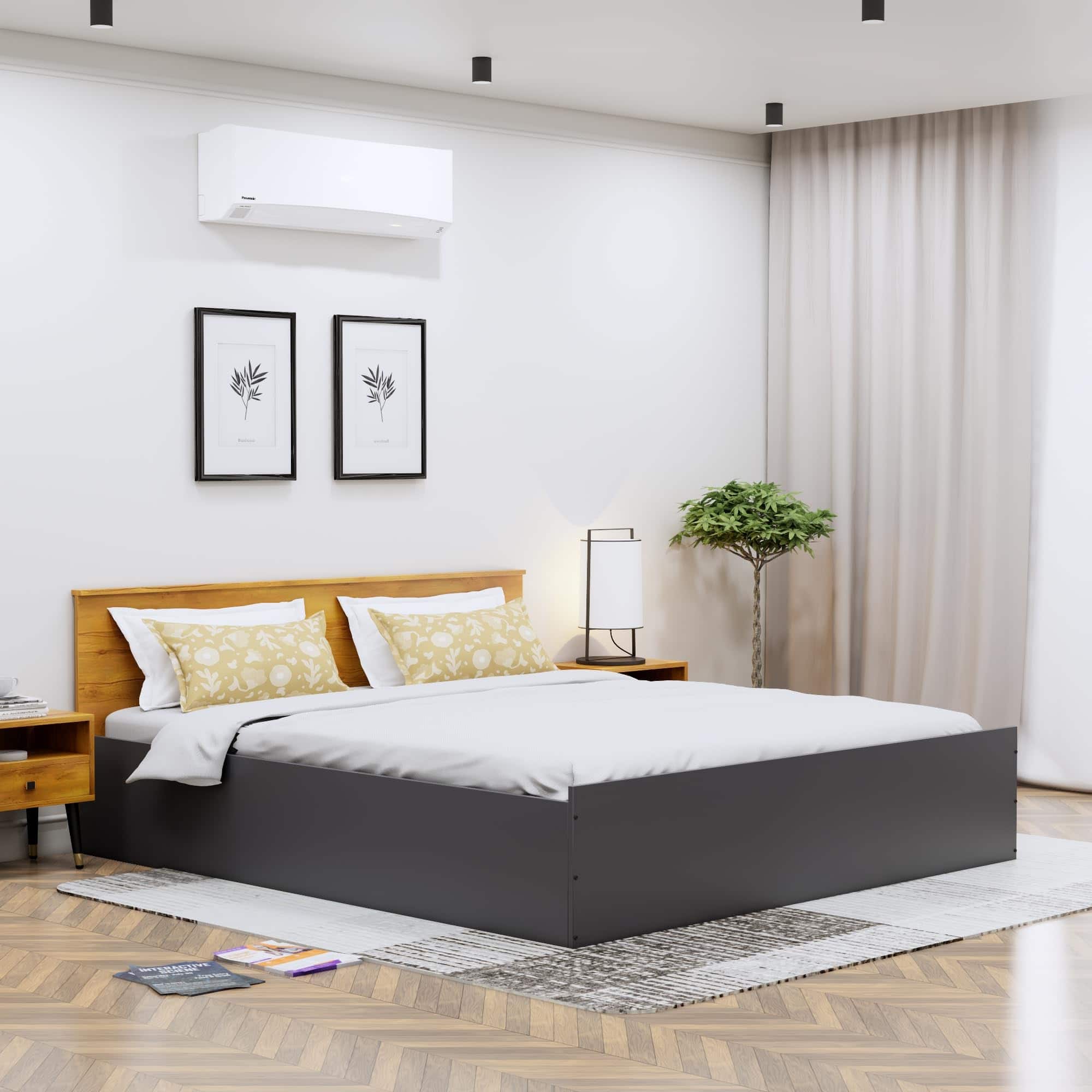 Hexa Engineered Wood Modern King Bed With Headboard With Storage In Slate Grey And Giant Wood - HexaRed