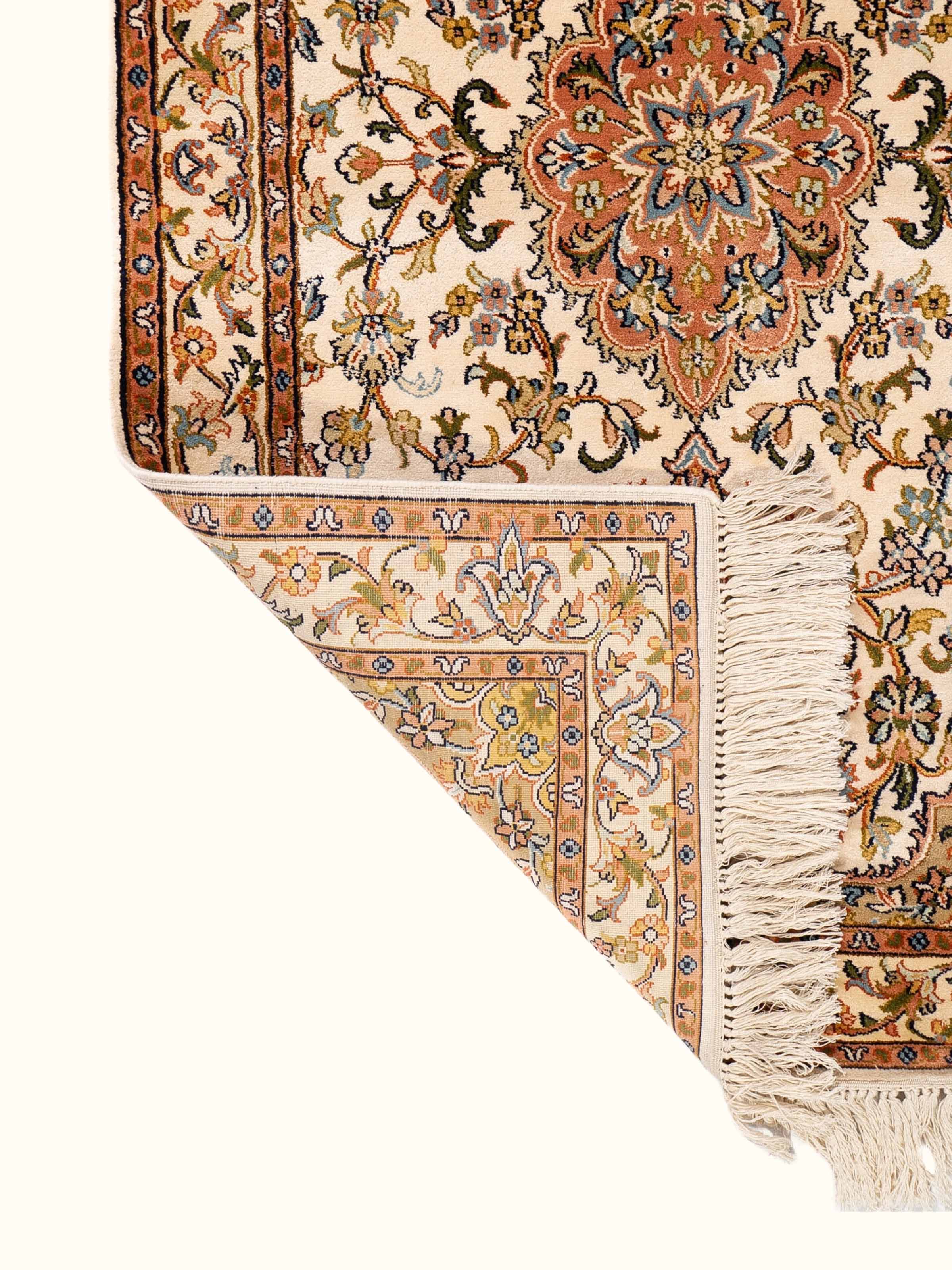 Traditional Kashan Ivory Kashmir Silk Hand-Knotted Carpet