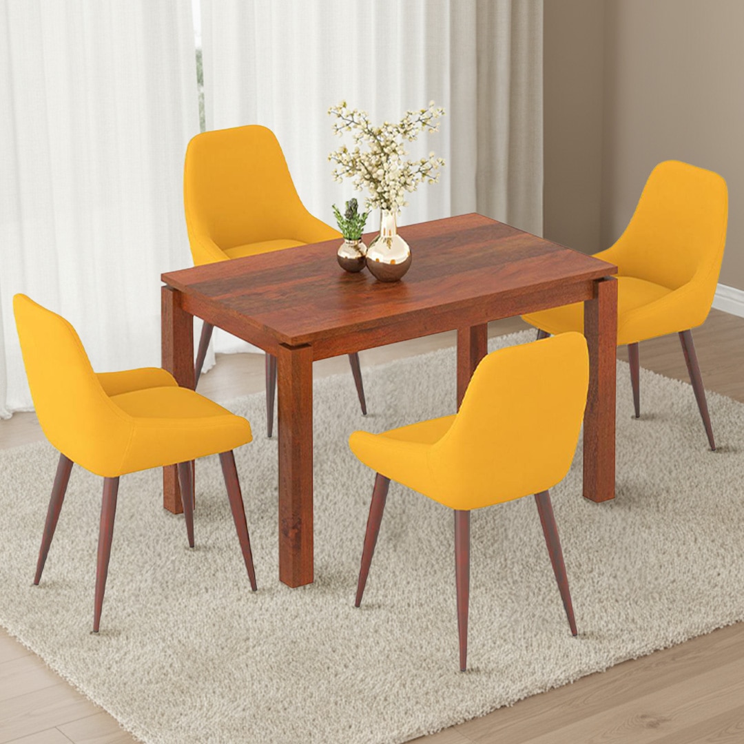 Atlas Solid Wood 4 Seater Dining Table With 4 Rickman Lounge Chairs (Finish : Honey, Chair Colour : Matty Yellow)