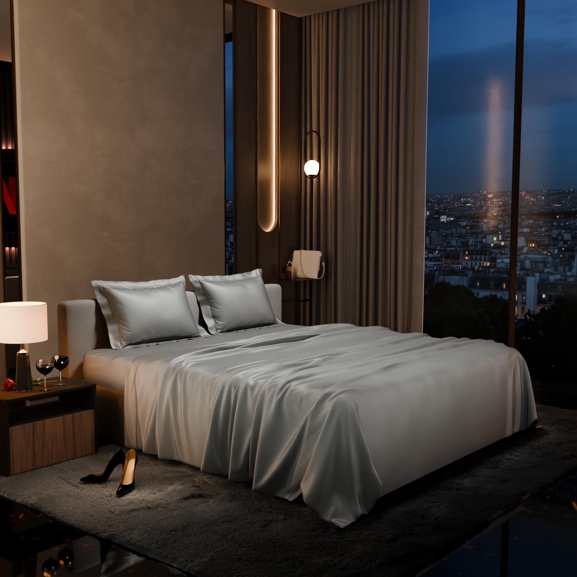 Stoa Paris Satin Bedsheet King Size with 2 Pillow Covers heet King Harbour Mist Grey - Stoa Paris