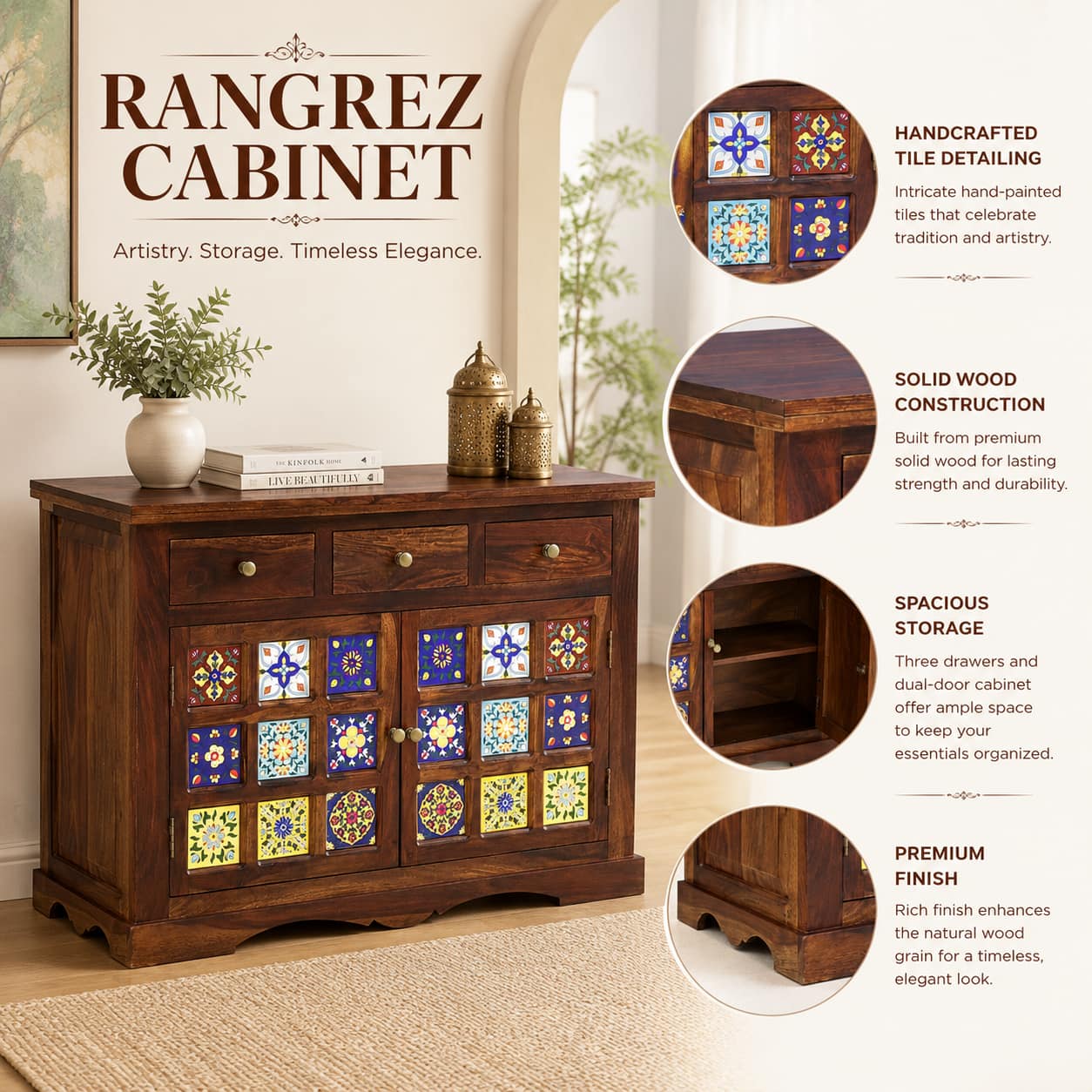 Rangrez Sheesham Wood Sideboard in Provincial Teak Finish - Woodenmood