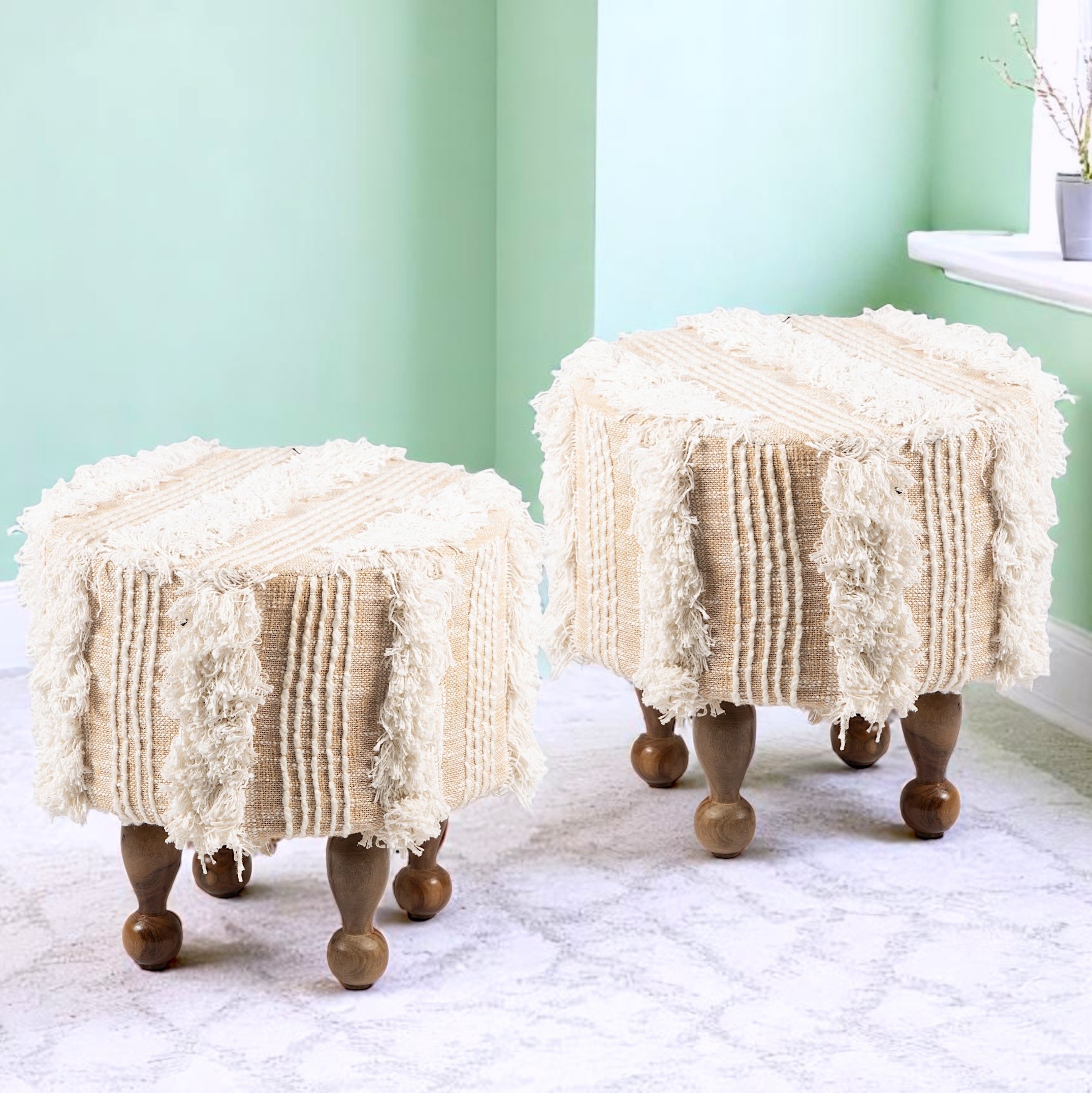 Louisville Acacia Wood Mid Century Round Set of 2 Pouf Stools in Beige Fabric