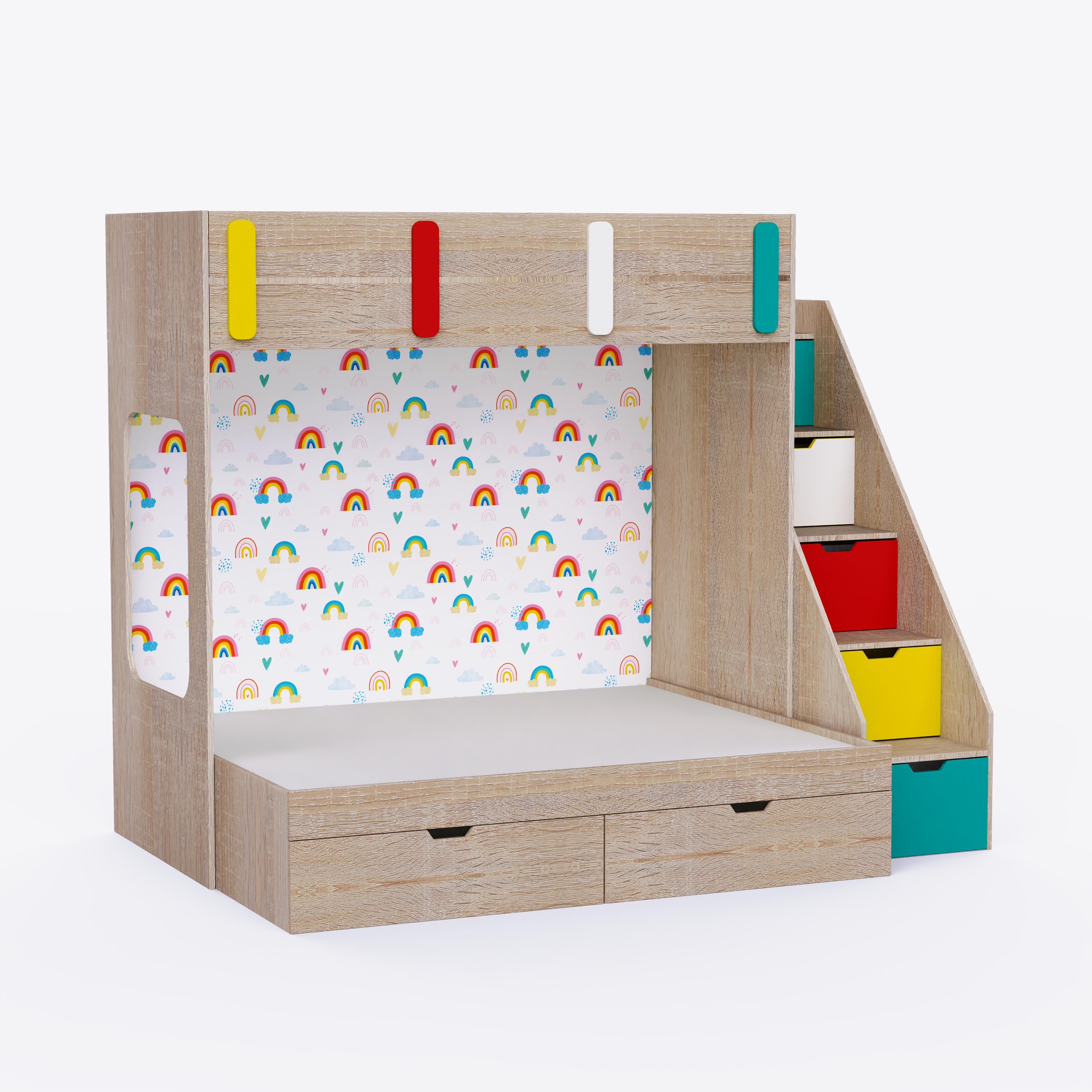 Pattern Dreams Bunk Bed  6X5 (Drawers On Wheels) In Oak & Teal Colour