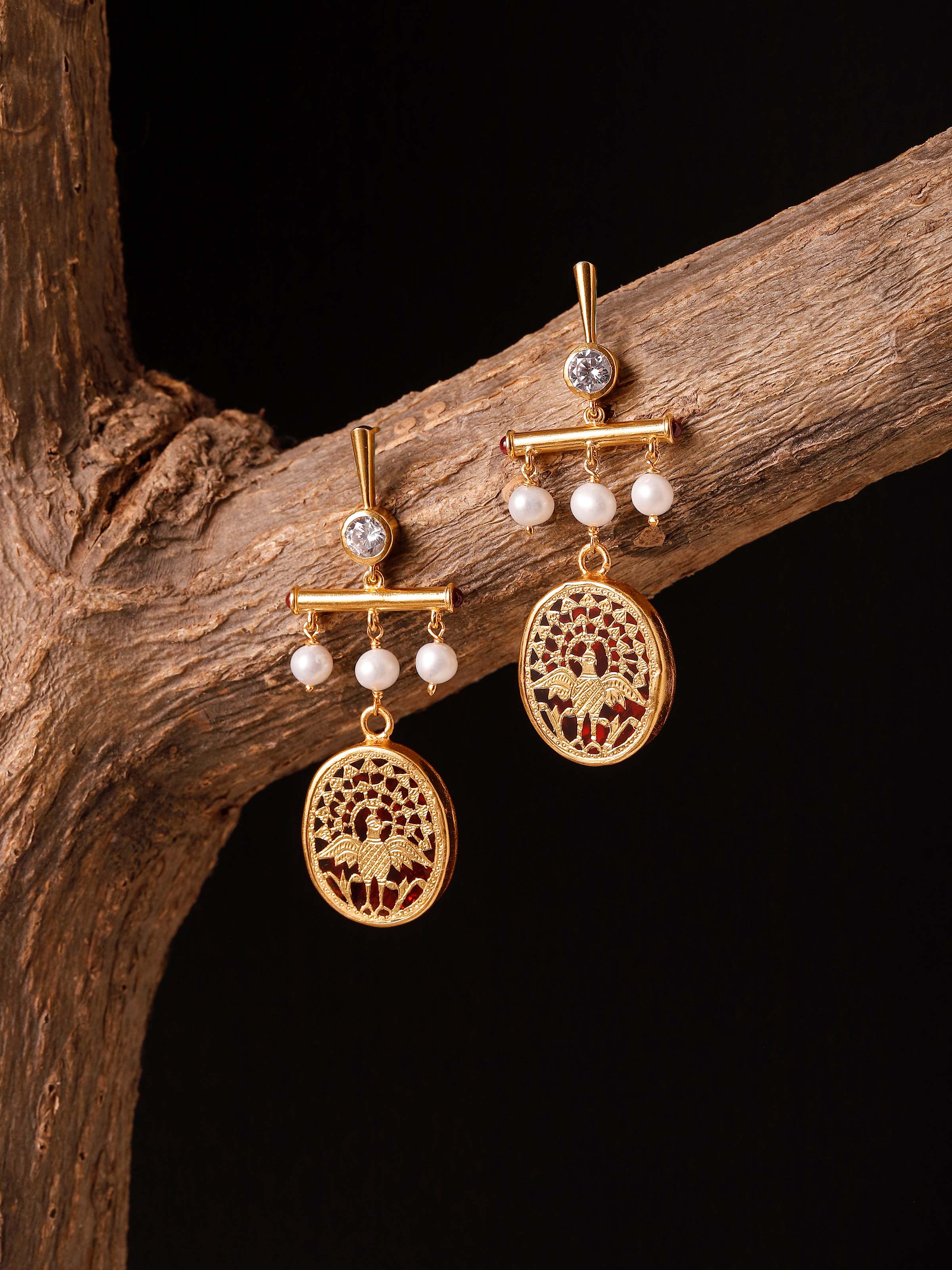 Thewa silver drop earrings worn on ears – Swadesh