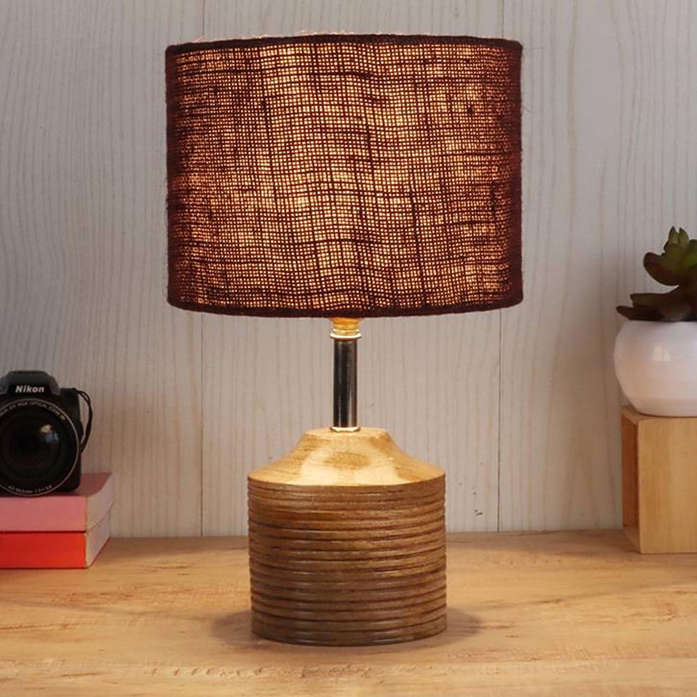 Gertrude Brown Natural Fiber Shade Table Lamp with Natural Wooden Base