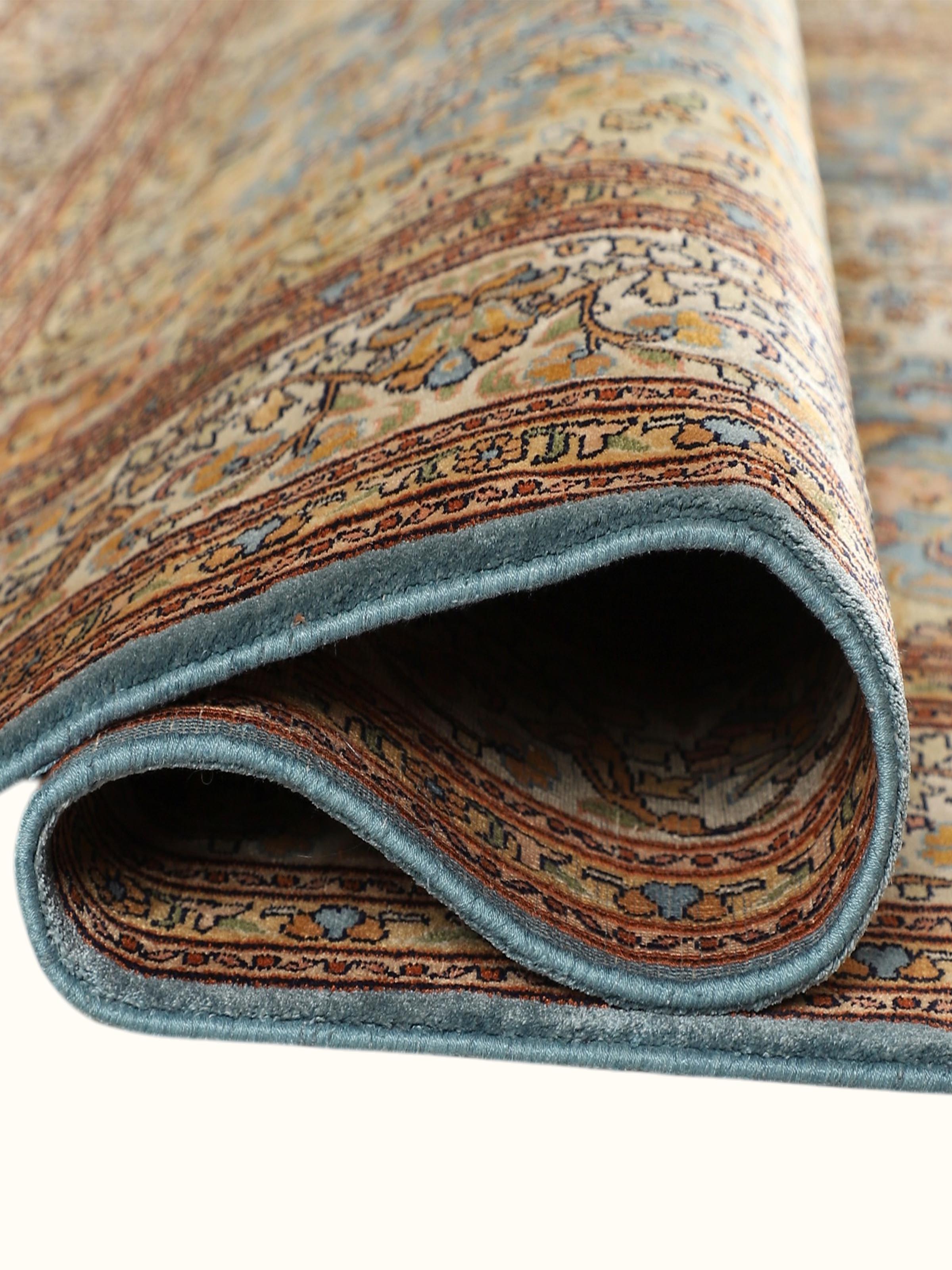 Traditional Persian Blue Tabriz Kashmir Silk Hand-Knotted Carpet