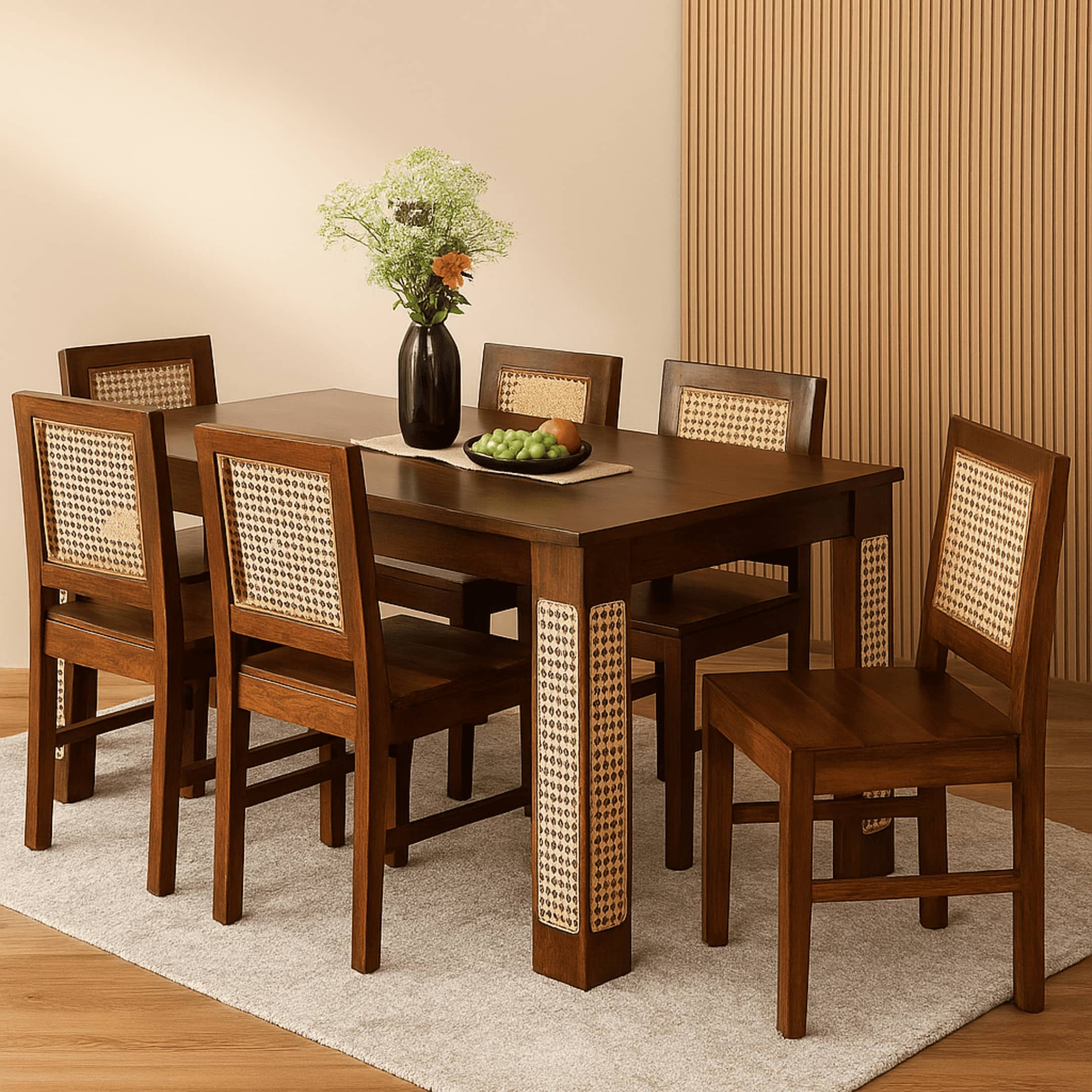 Globally Indian Sheesham Wood 6 Seater Dining Table Set With 6 Cane Backrest Solid Wood Chair